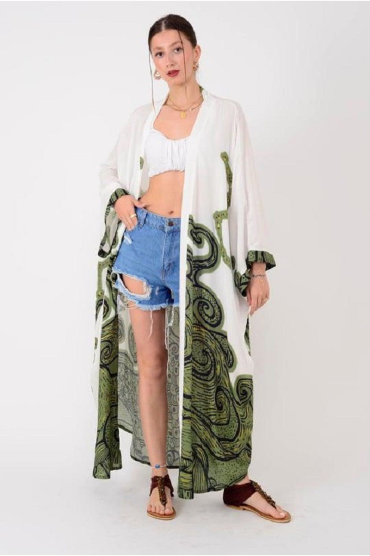 Bohem Astek Desenli Uzun Kimono