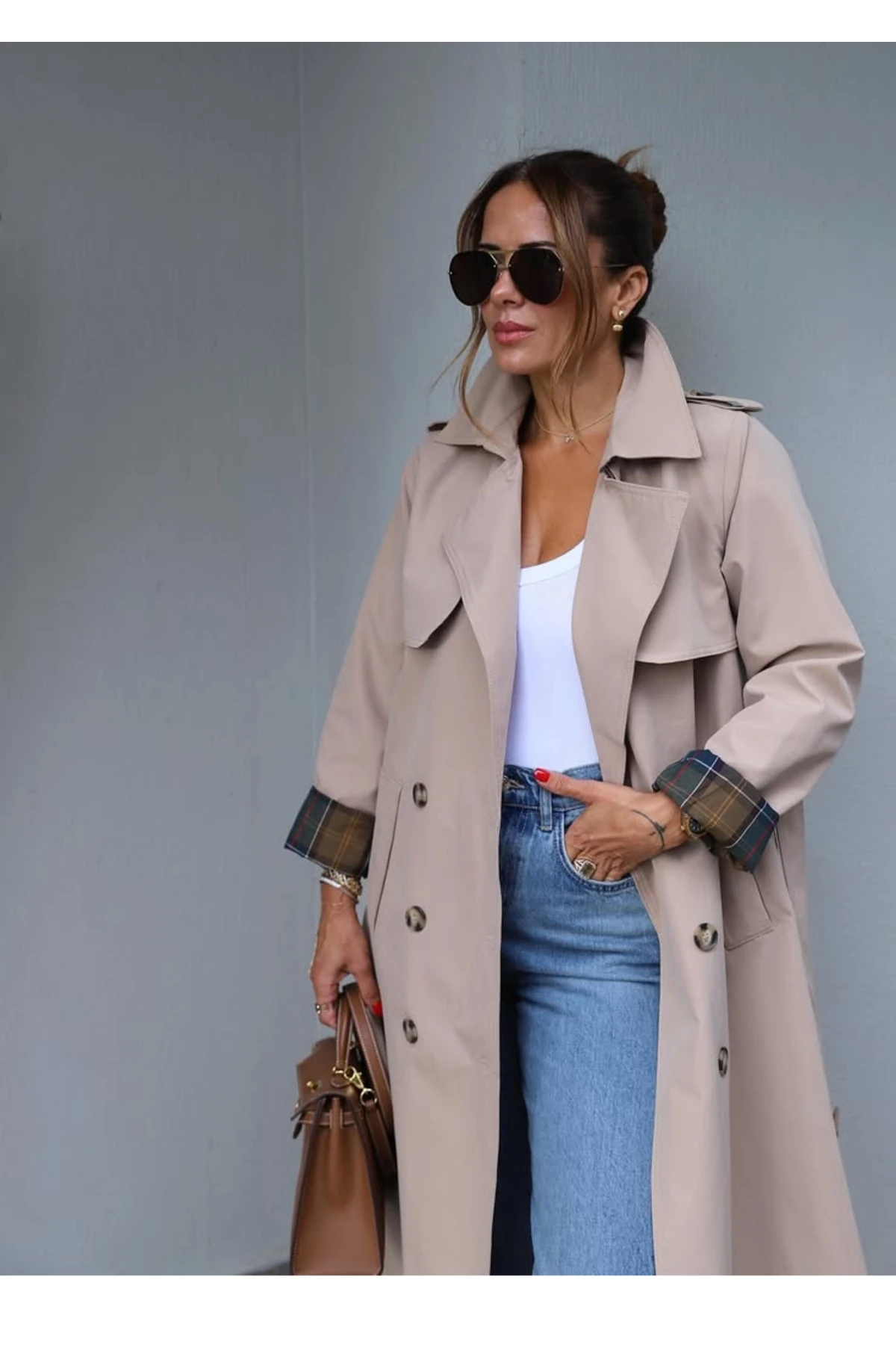 Kadın İçi Ekose Desenli Trençkot