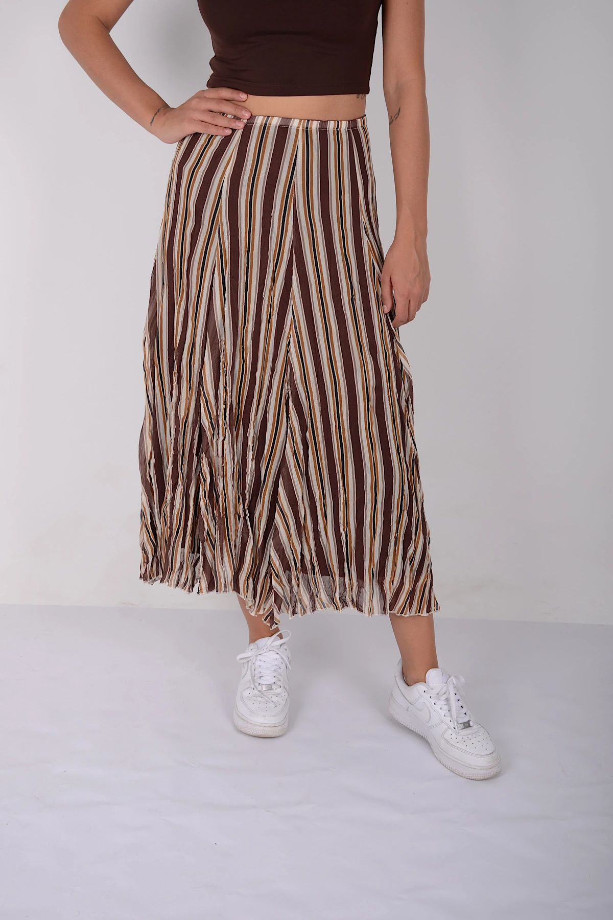 Dik Çizgili Yeni Sezon Kırışık Şifon Astarlı Etek