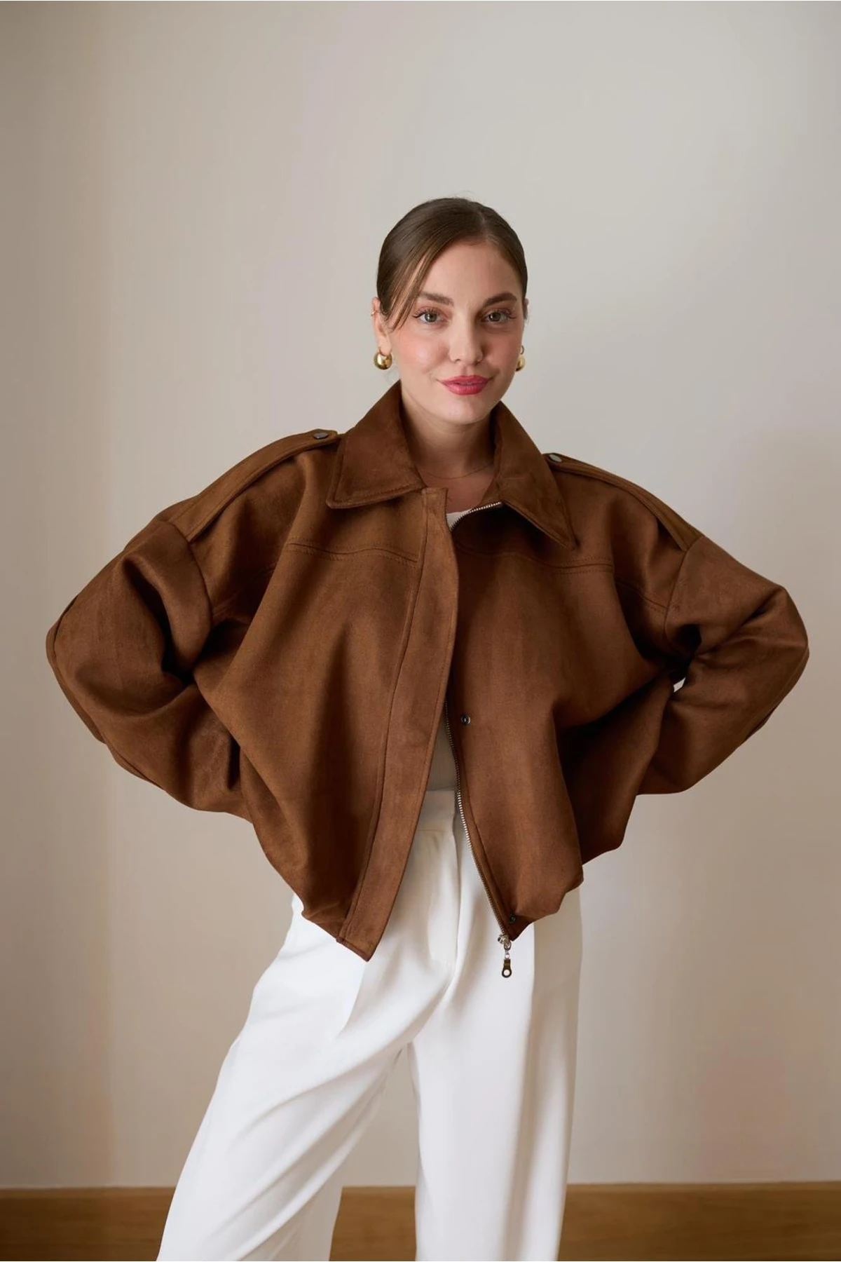 Kadın Süet Astarlı Cepli Bomber Ceket