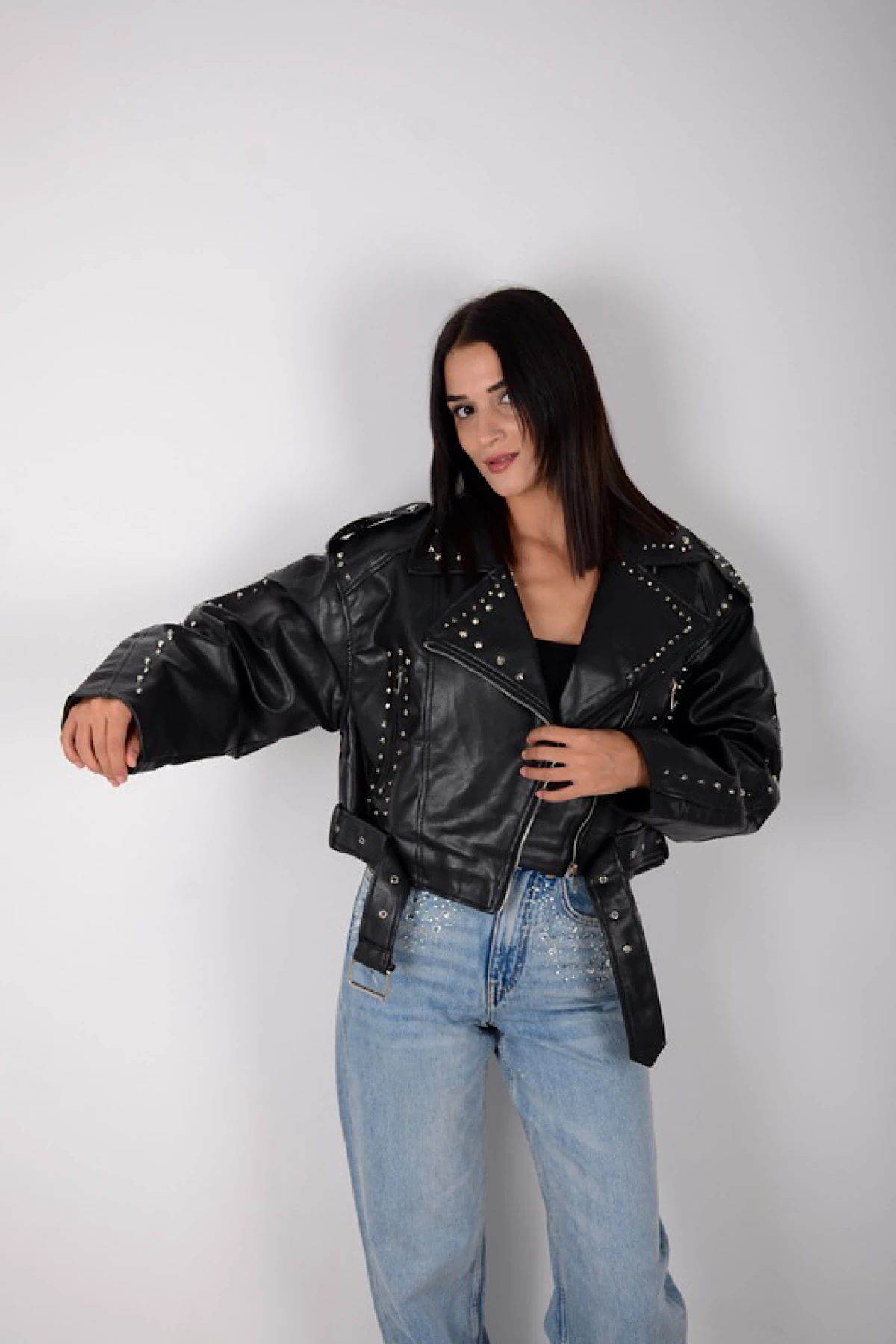 Zımba Detaylı İthal Deri Ceket