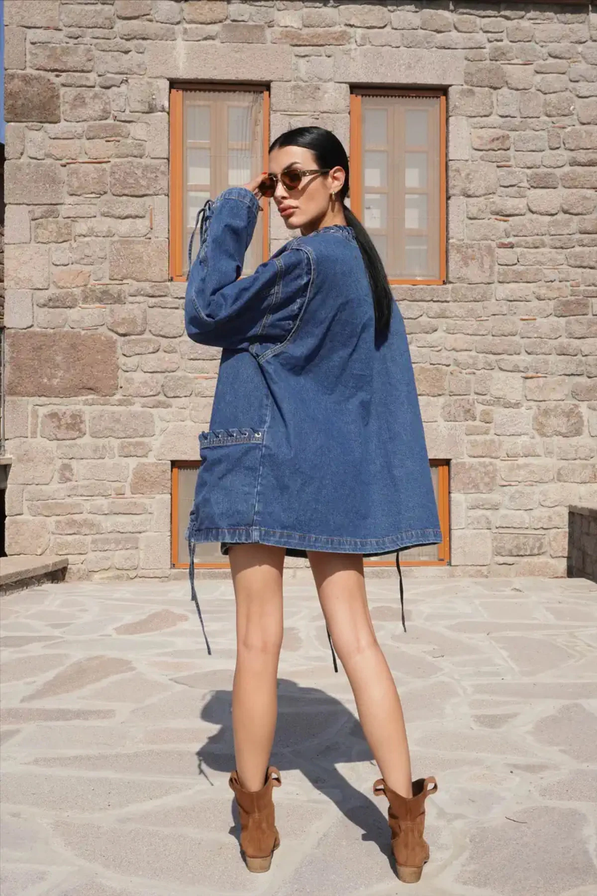 Kadın Kuşgözü Detaylı Denim Takım