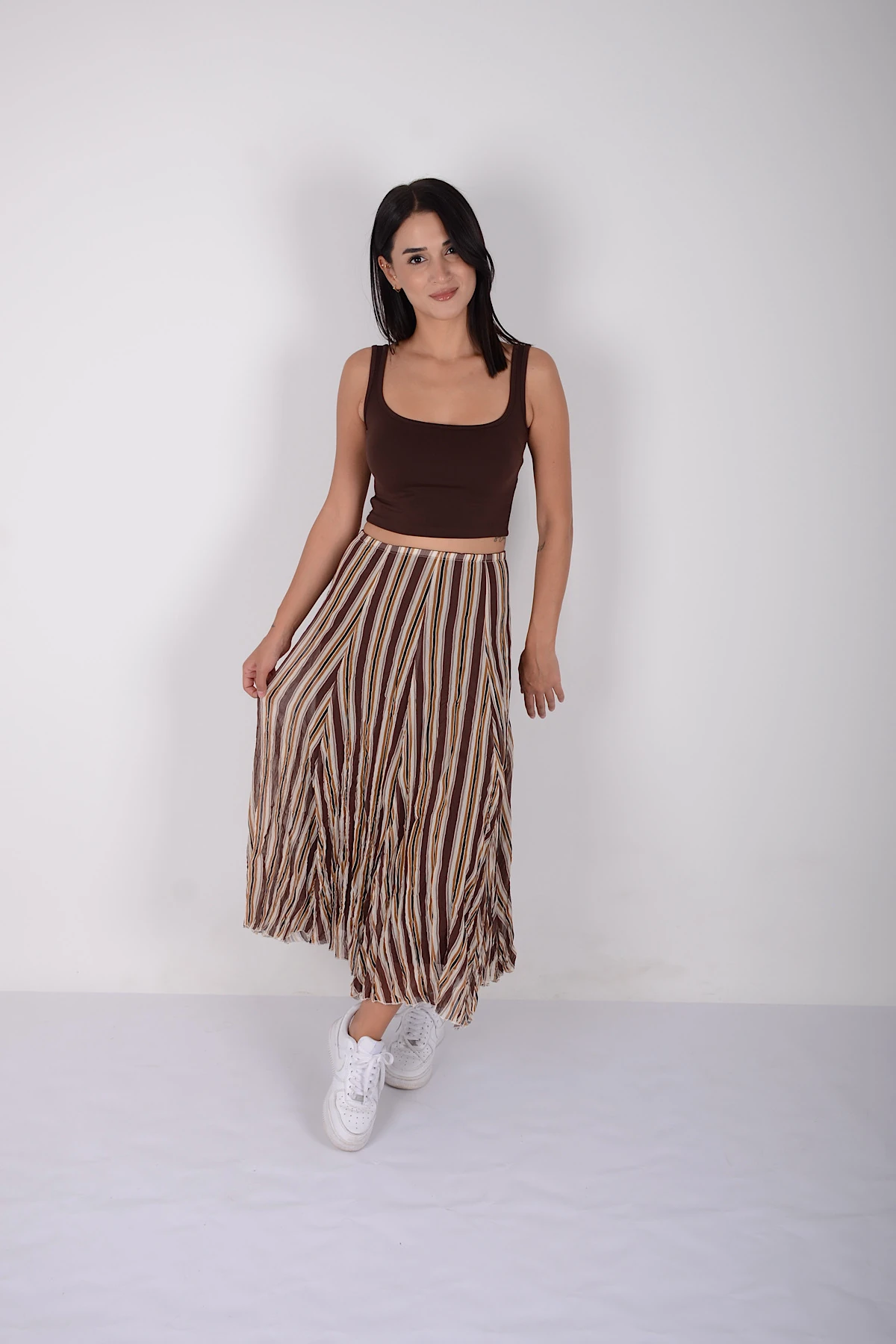 Dik Çizgili Yeni Sezon Kırışık Şifon Astarlı Etek