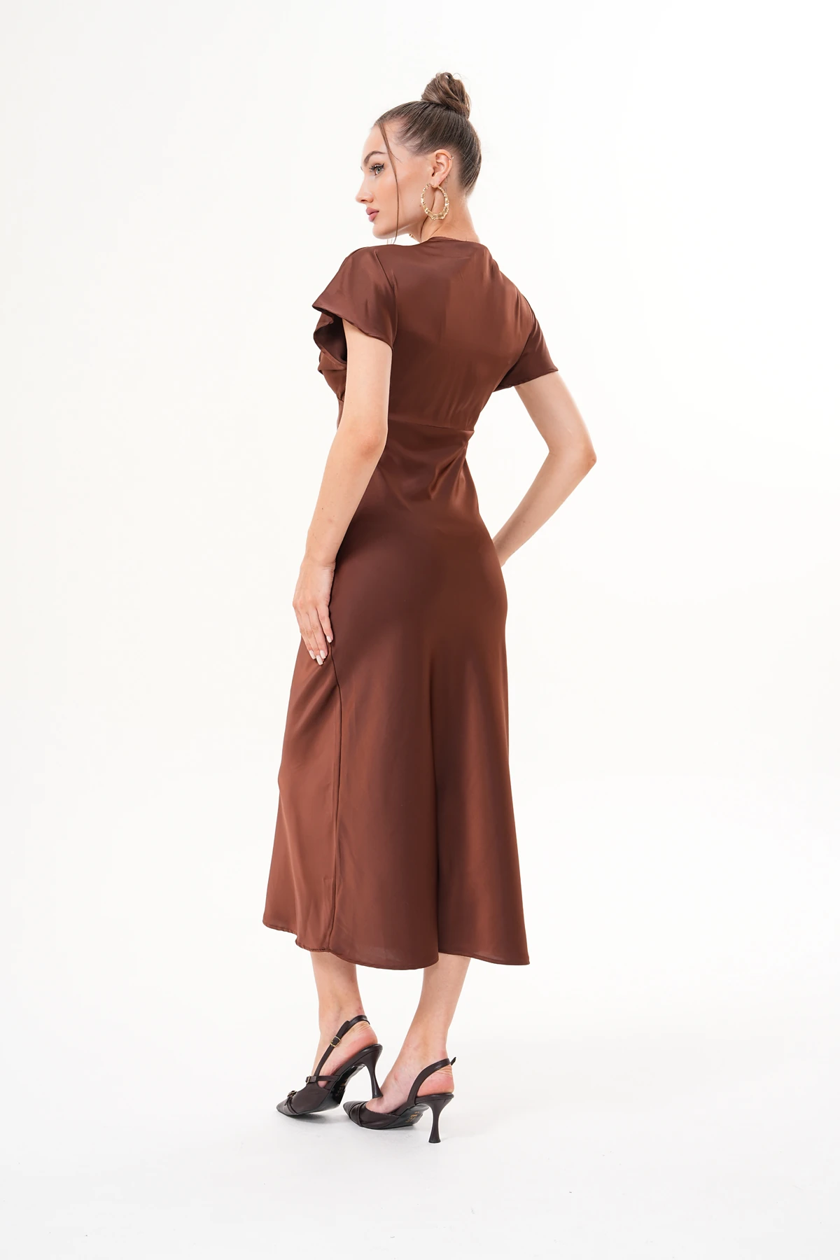 Kadın Saten V Yaka Midi Elbise