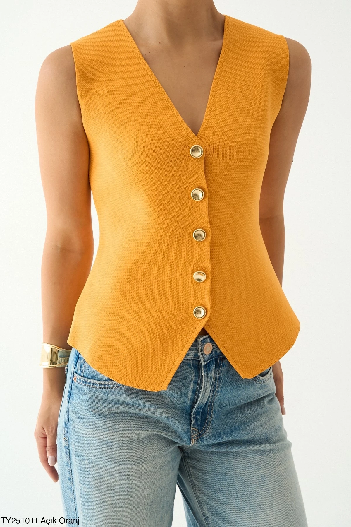Kadın Gold Düğmeli V Yaka Yelek