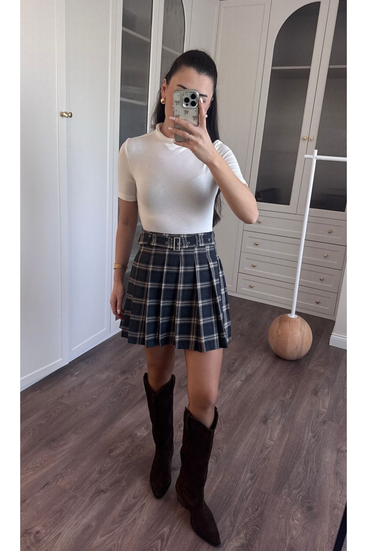 Ekose Desenli Kemerli Mini Etek