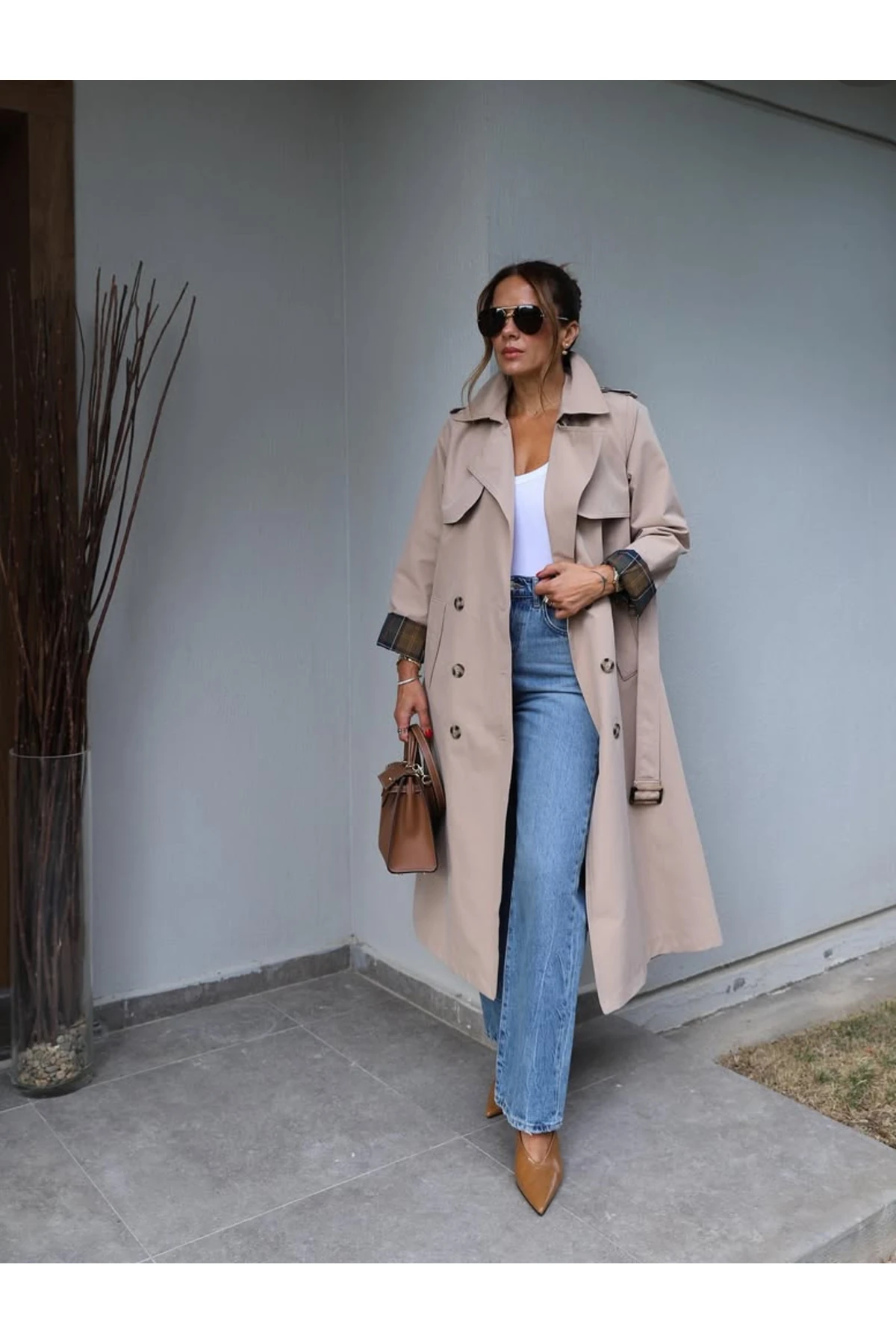 Kadın İçi Ekose Desenli Trençkot