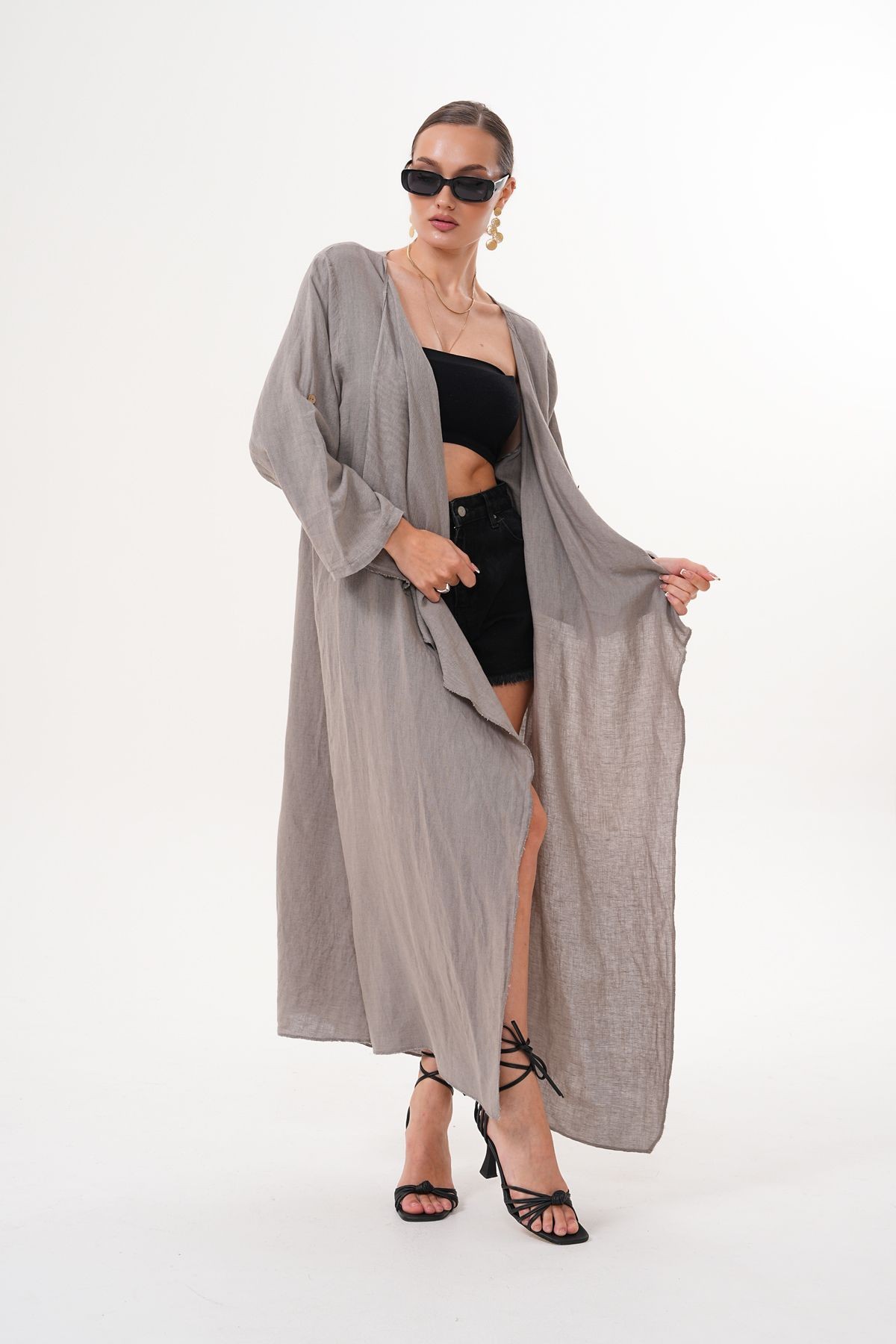 Bej Renk Uzun Dökümlü Keten Kimono