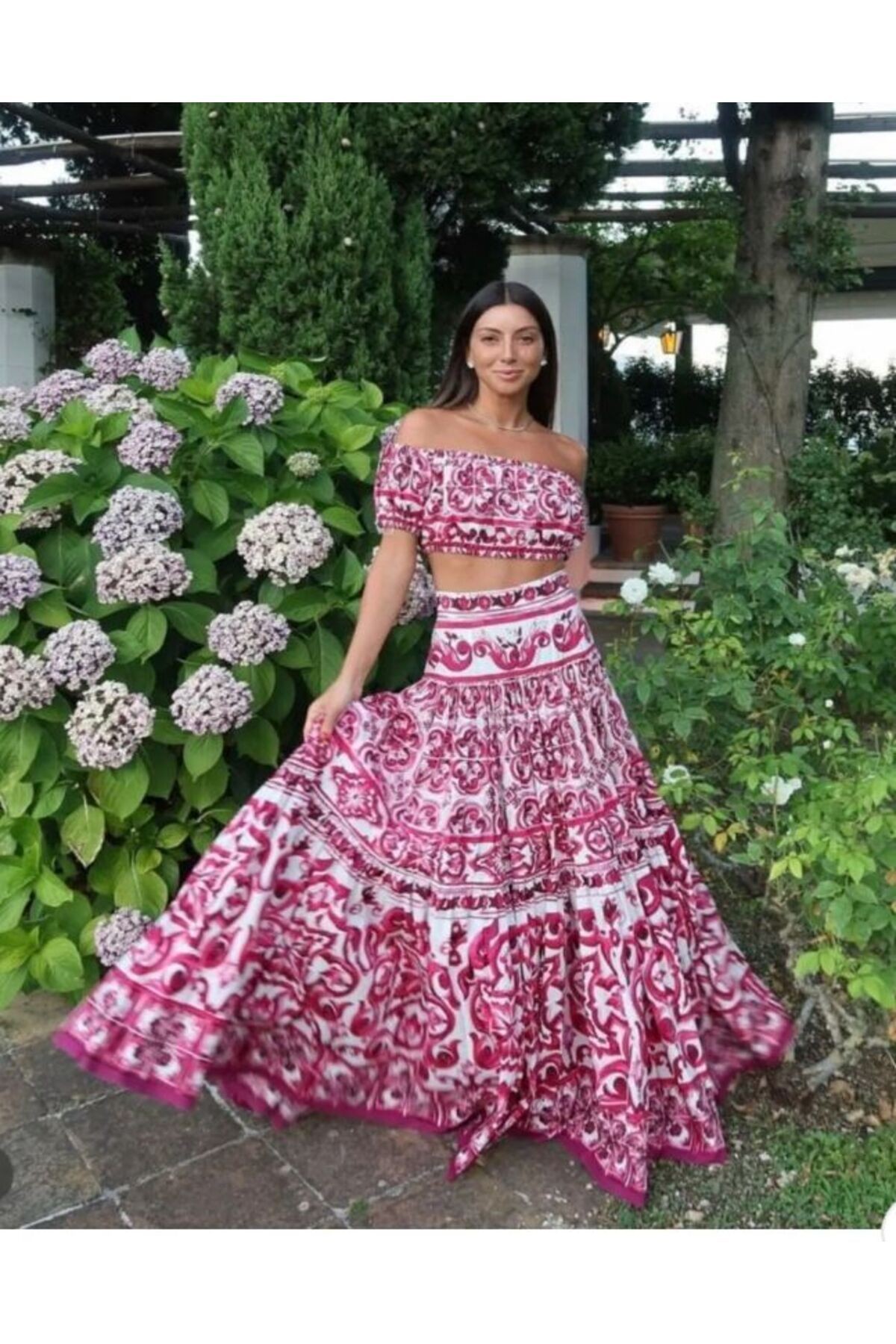 Kadın Volanlı Etnik Desenli Belden Oturtmalı Etek Crop Takım