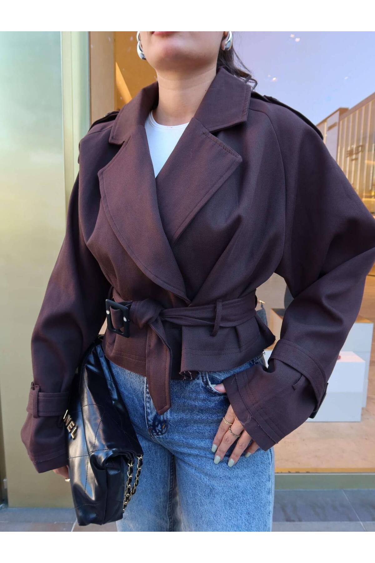 Kadın Bel Kemer Deyaylı Coton Trençkot