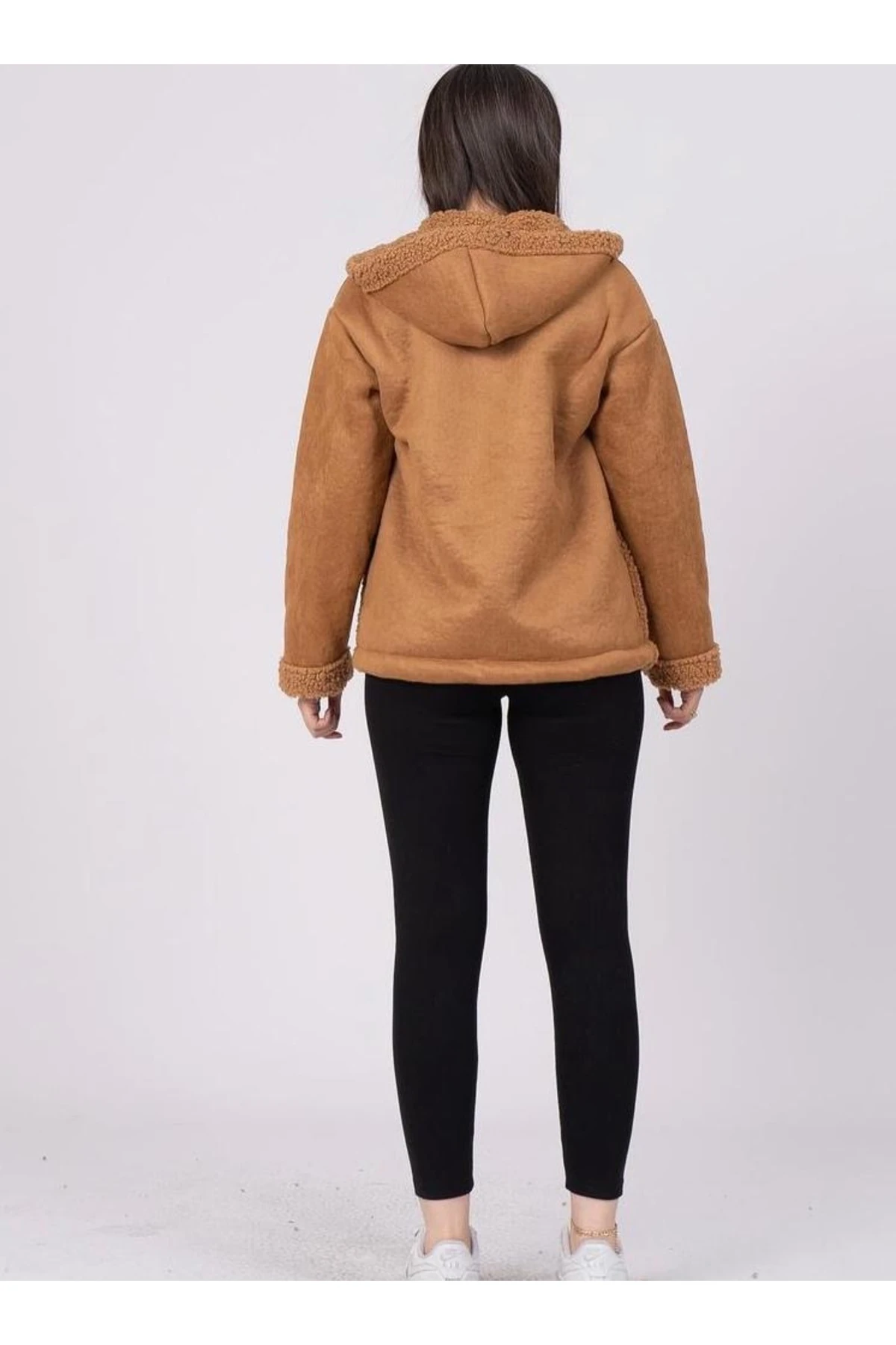 Süet Peluş Karışımlı Kapişonlu Fermuarlı İçi peluş Ceket