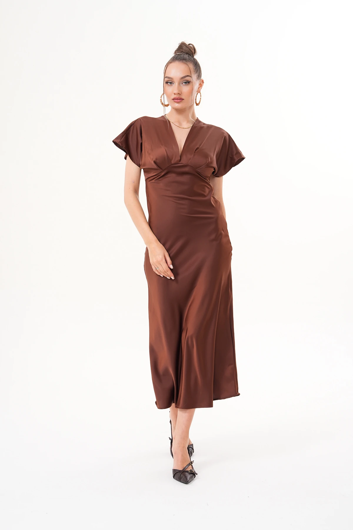 Kadın Saten V Yaka Midi Elbise