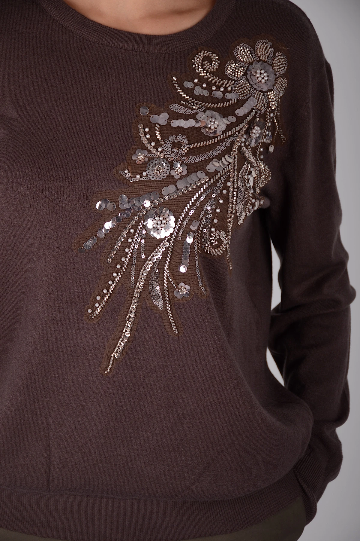 Kadın İthal Triko Pamuklu Boncuk işleme Detaylı Kazak