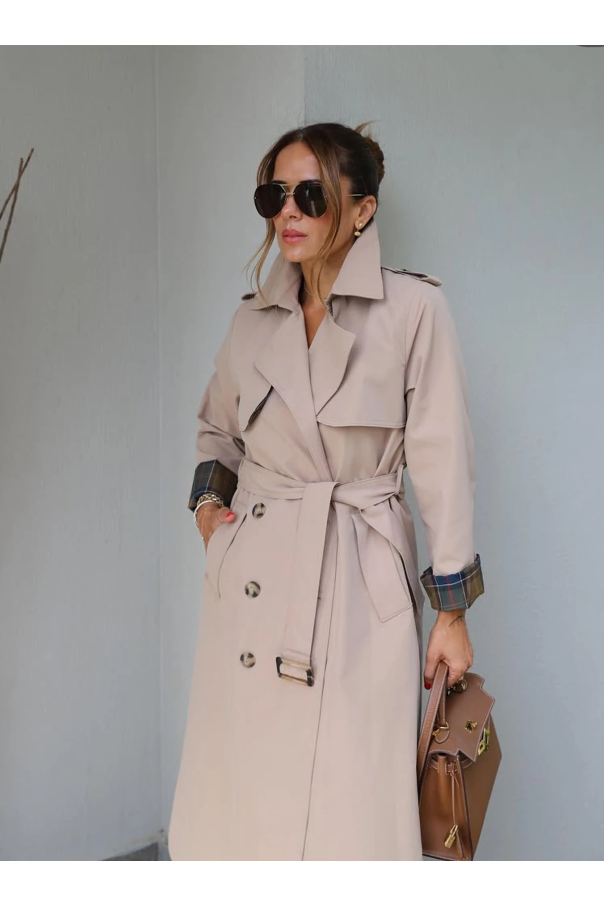 Kadın İçi Ekose Desenli Trençkot