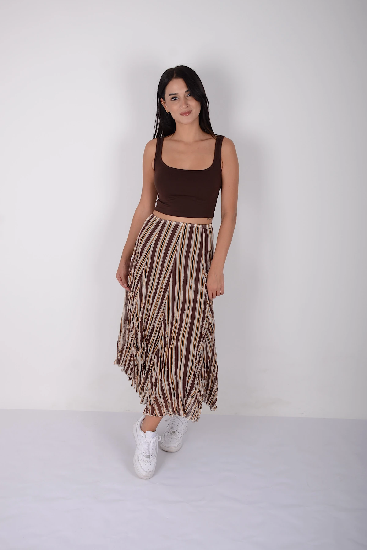 Dik Çizgili Yeni Sezon Kırışık Şifon Astarlı Etek