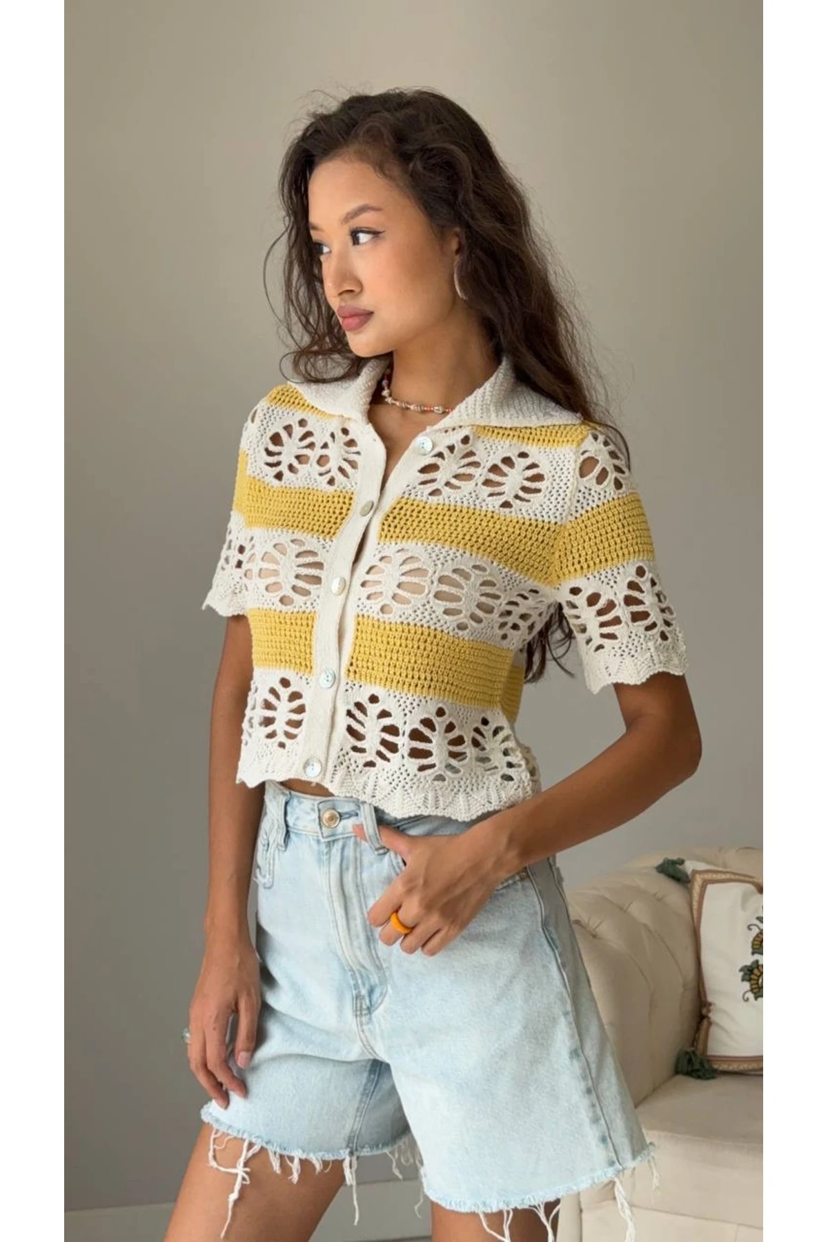Kadın Triko Düğme Detaylı Kısa Kollu Bluz