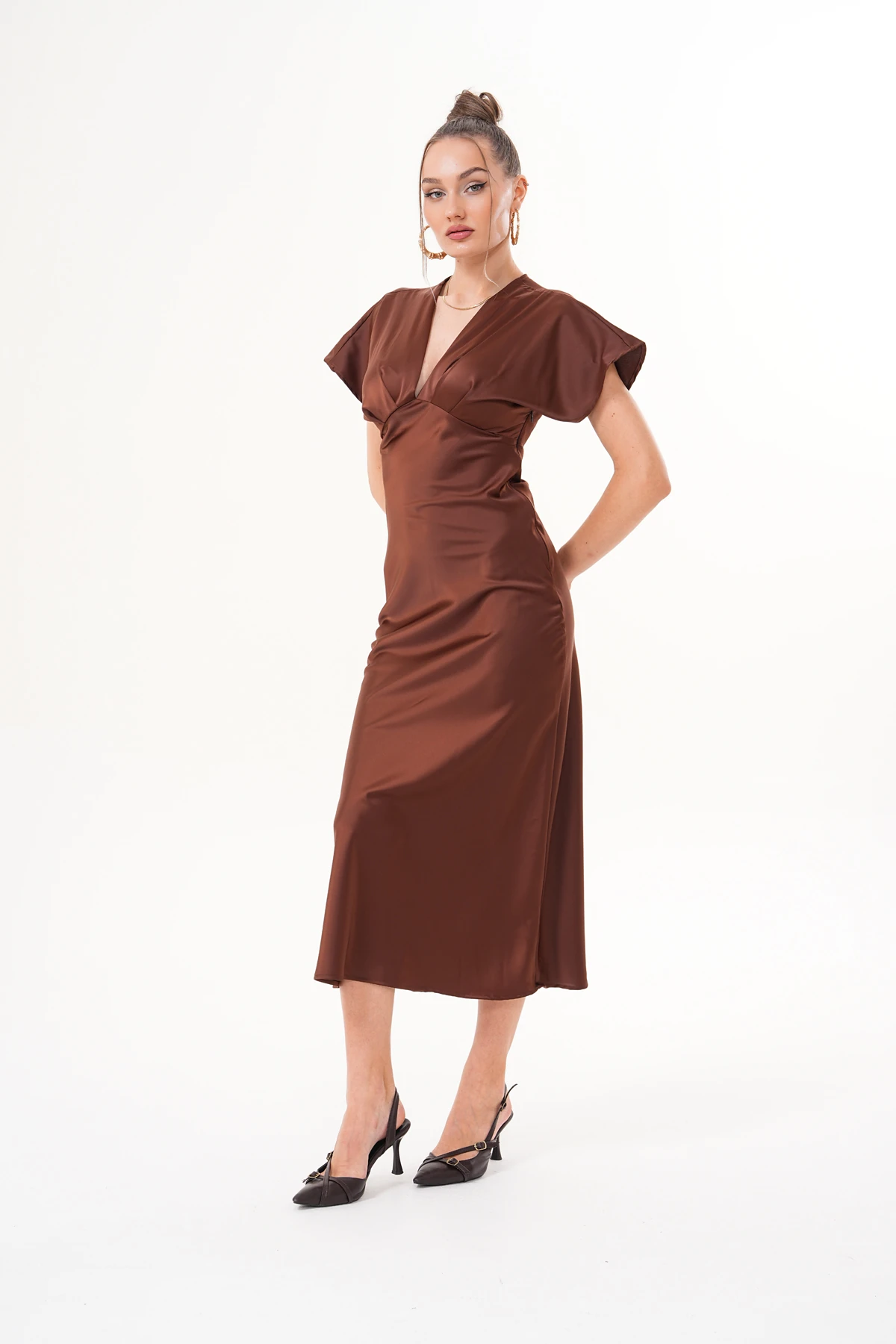 Kadın Saten V Yaka Midi Elbise