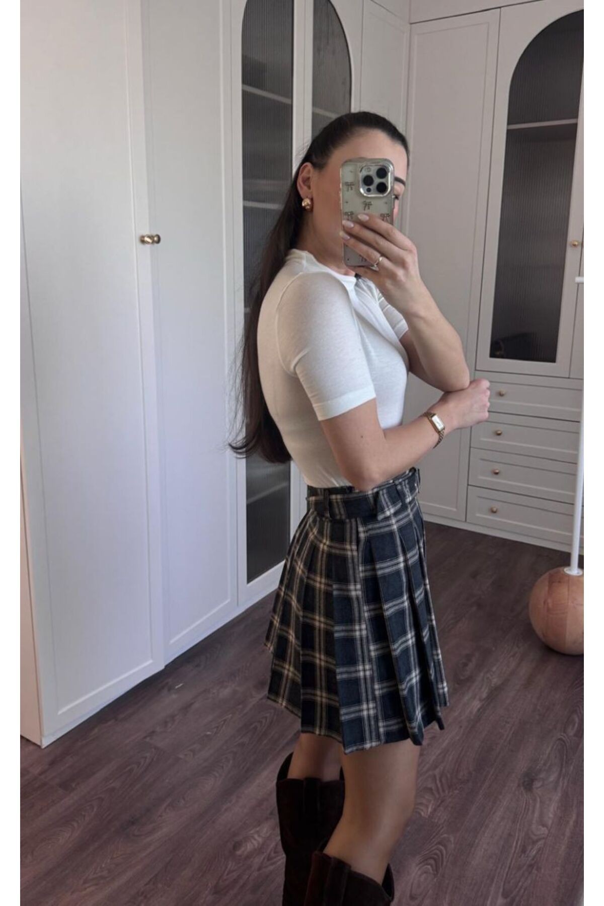 Ekose Desenli Kemerli Mini Etek