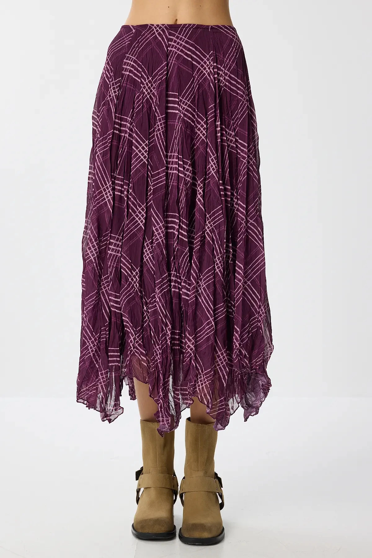 Kadın Şifon Kırışık Desenli Midi Etek