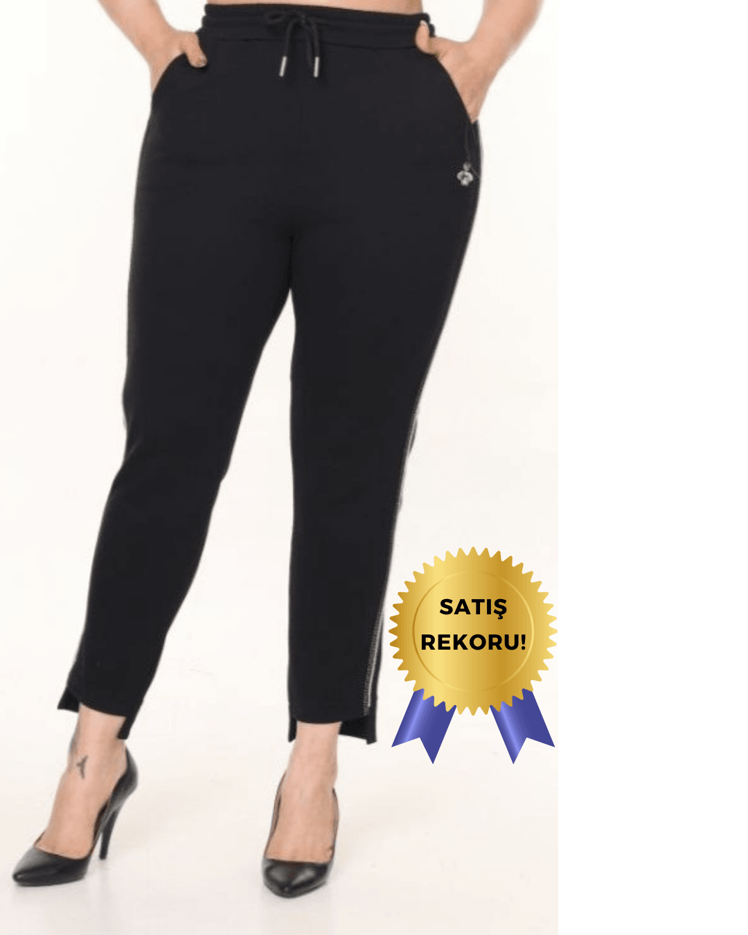 Toparlayıcı Arılı Büyük Beden Pantolon - Siyah