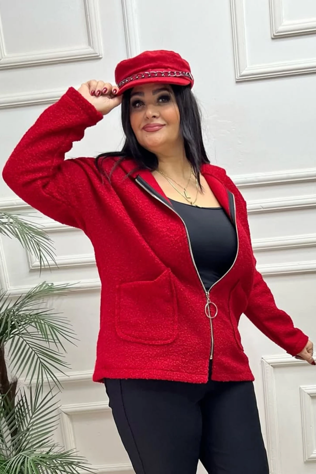 Cepli, Kapüşonlu Kuzu Kaban  - Kırmızı