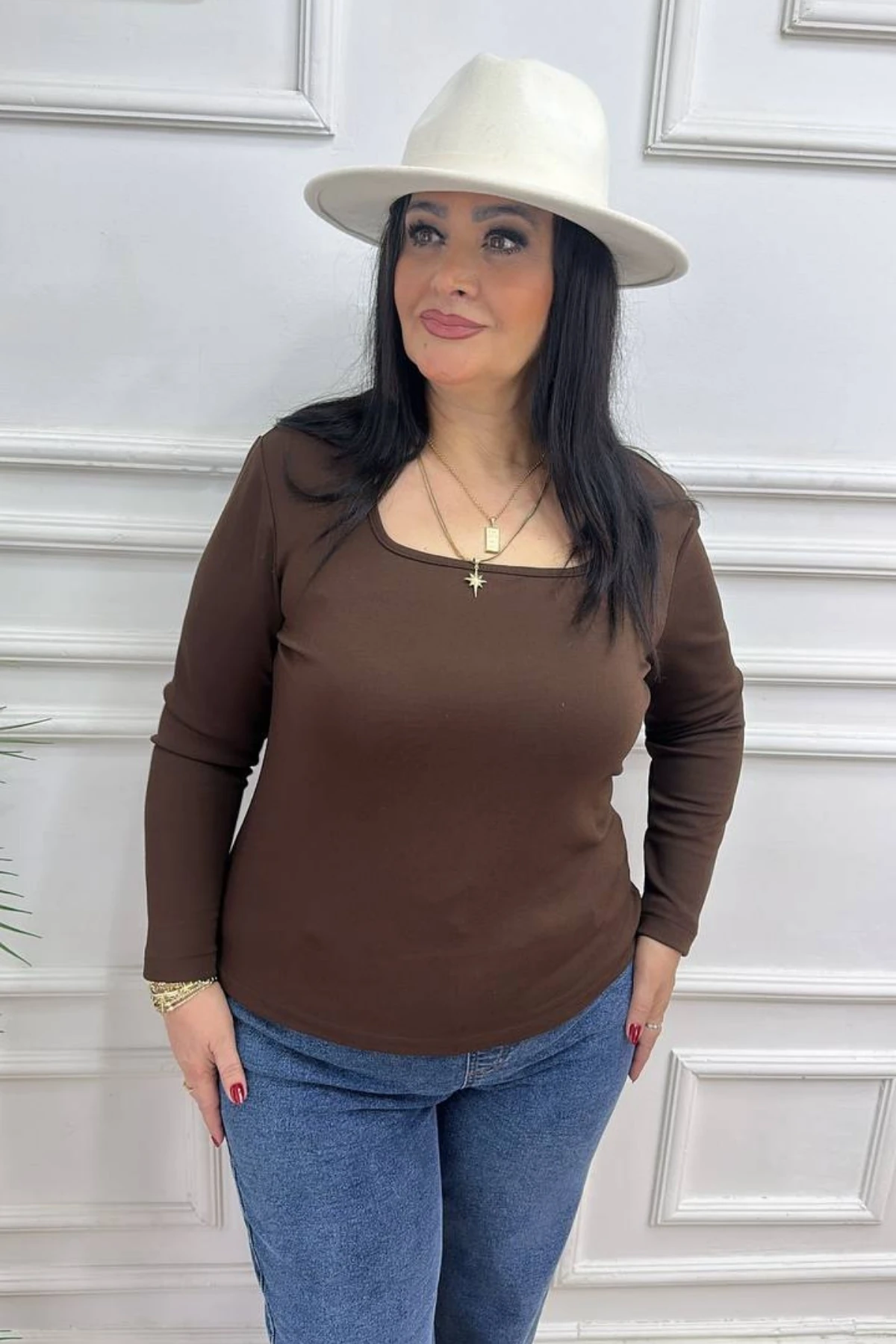 Kare Yaka Bluz - Kahverengi