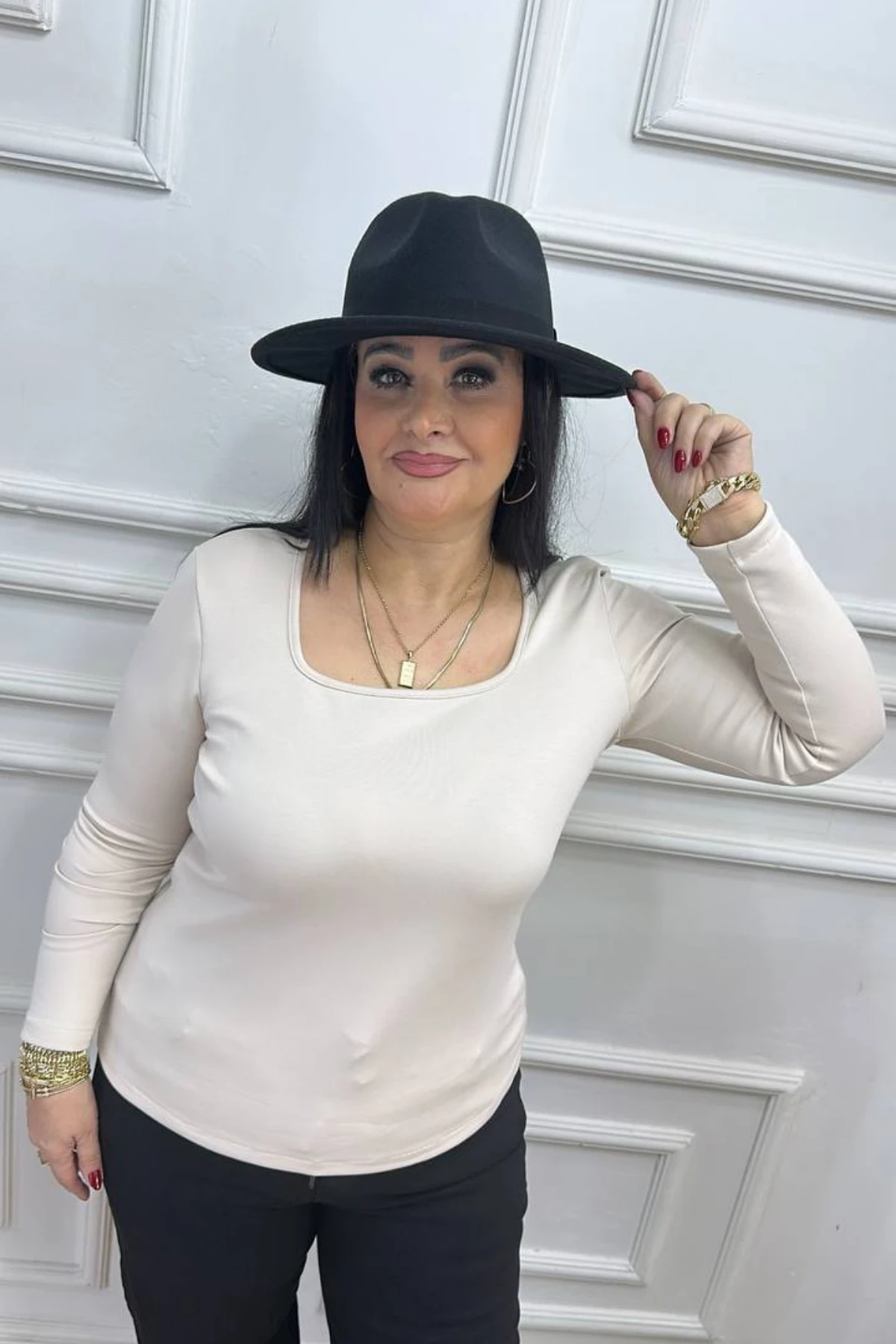 Kare Yaka Bluz - Bej