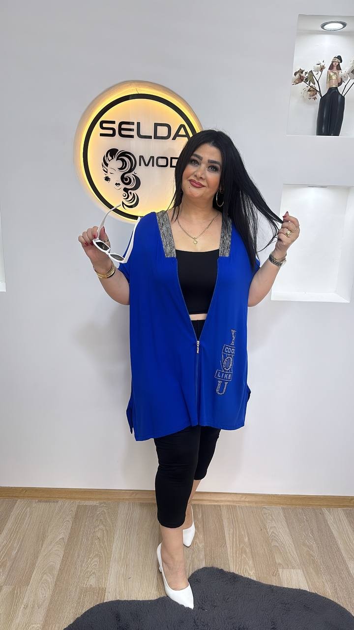 Büyük Beden Fermuarlı Tunik Ceket - Saks Mavisi