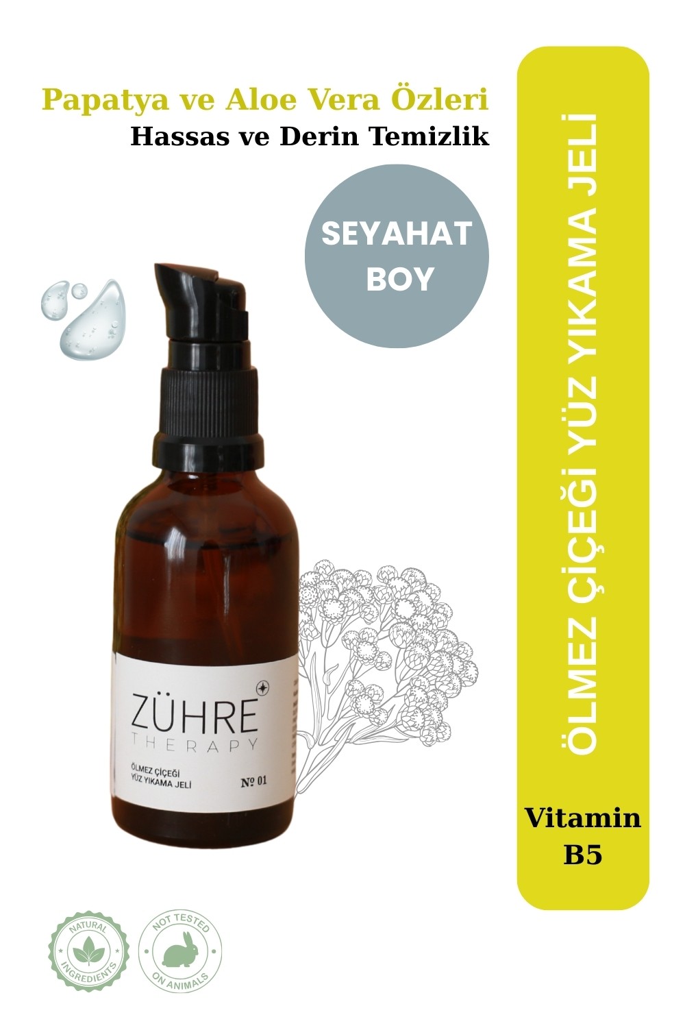 Yüz Yıkama Jeli SEYAHAT BOY 50 ML | Ölmez Çiçeği, Aloe Vera & Vitamin Destekli - Zühre Therapy 