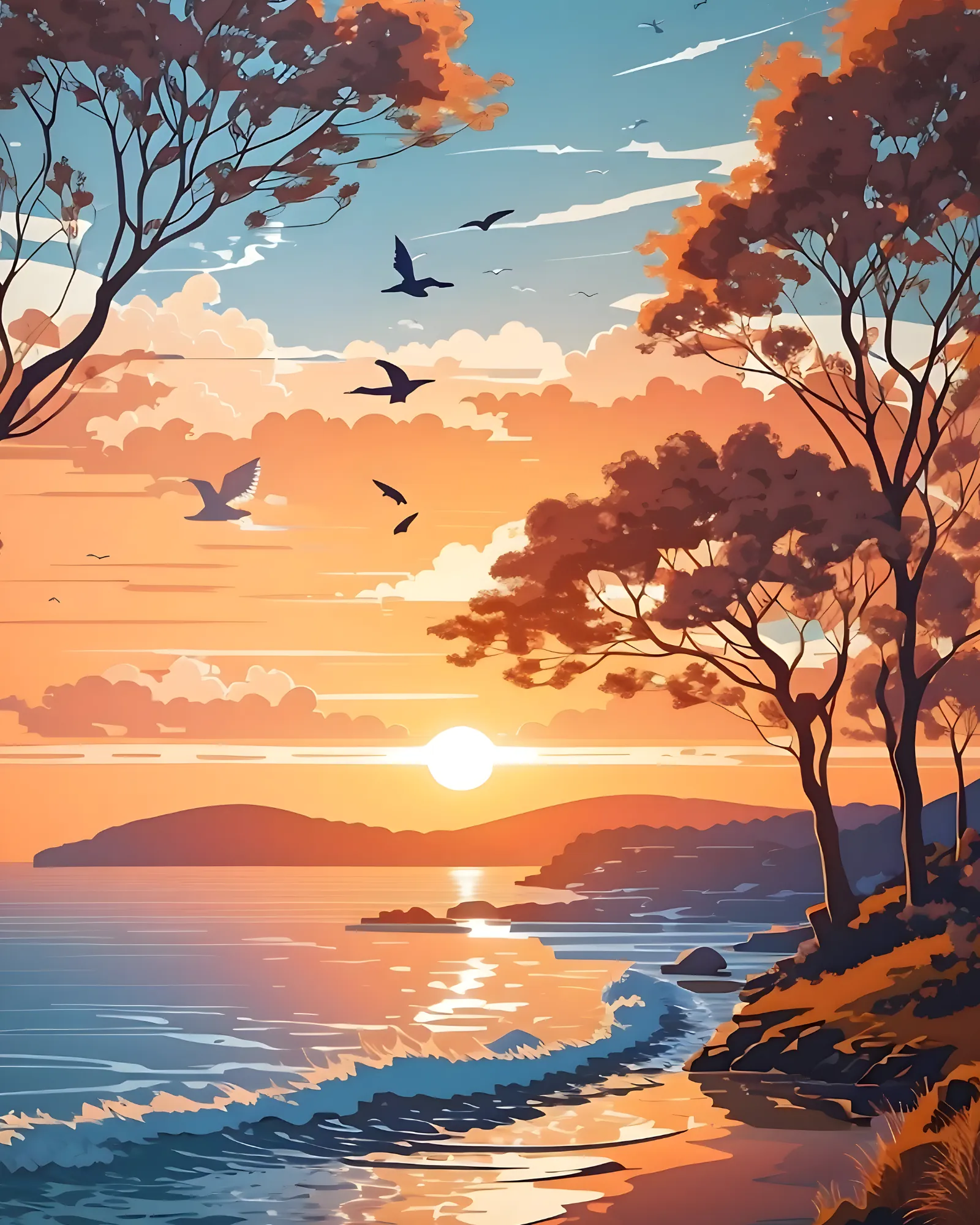 Sayılarla Boyama Seti-Manzara: Gün Batımı ve Kuşlar