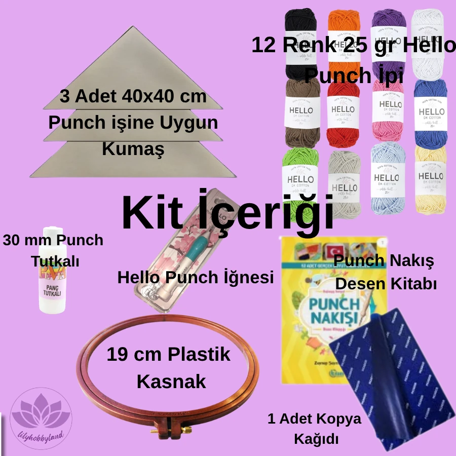 Punch Nakış Başlangıç Seti – 12 Renk İplikli, Kumaşlı, Kasnaklı, İğneli Tam Set (Yeni Başlayanlar İçin)