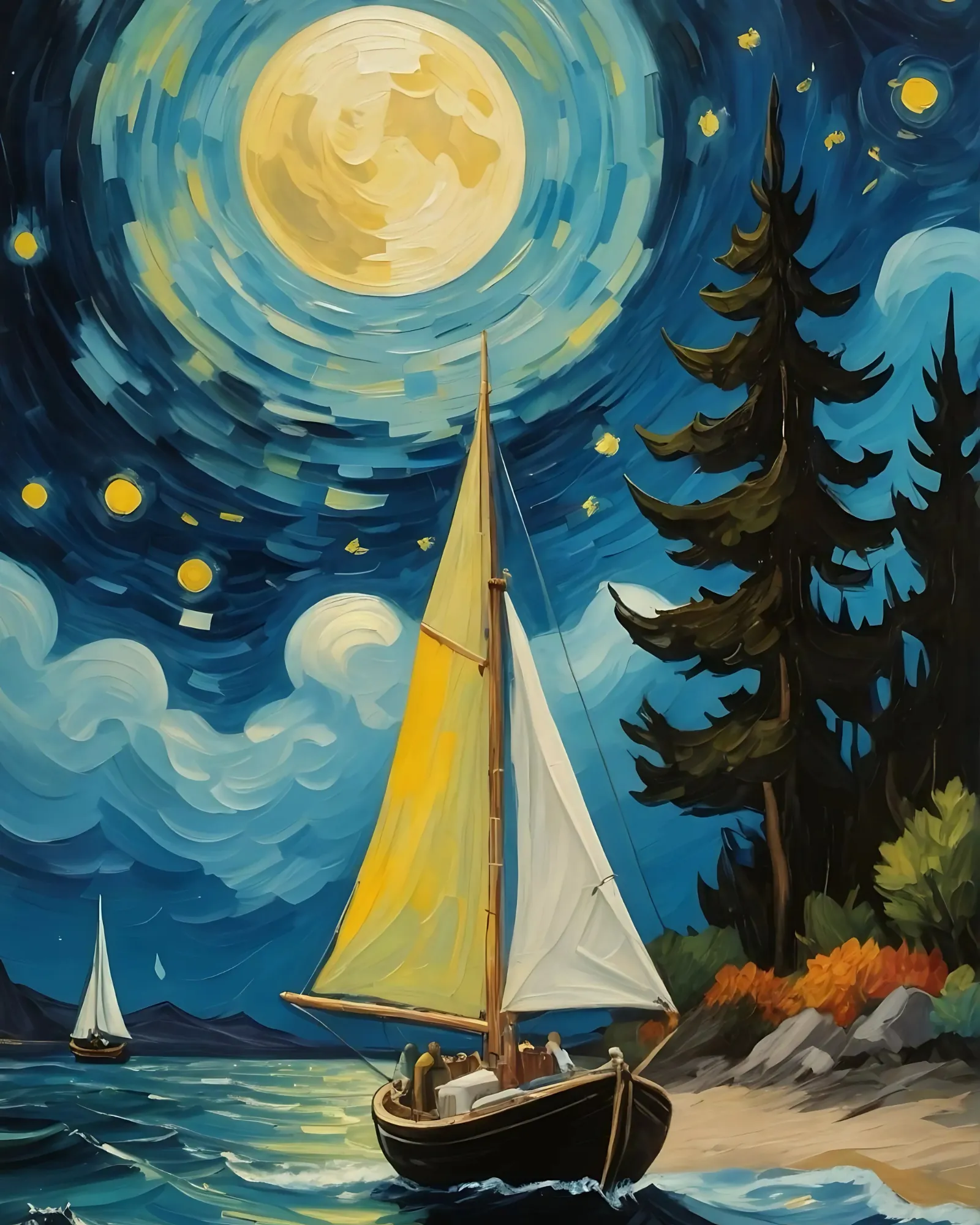 Sayılarla Boyama Hobi Seti Renkli Baskılı: Yıldızlı Gecedeki Yelkenli