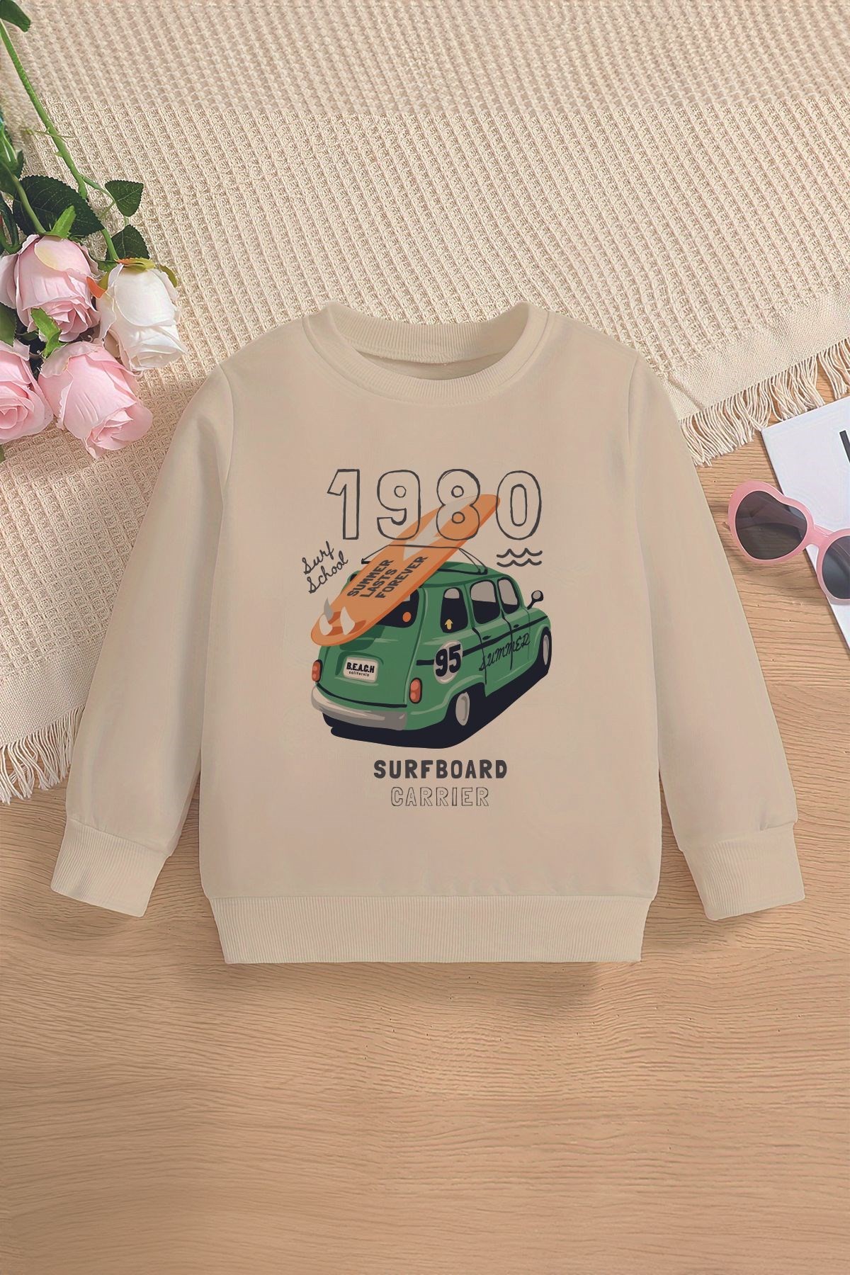 Trend Premium Surfboard Nostaljik Araba Baskılı Oversize Kapüşonlu Çocuk Sweatshirt 13684