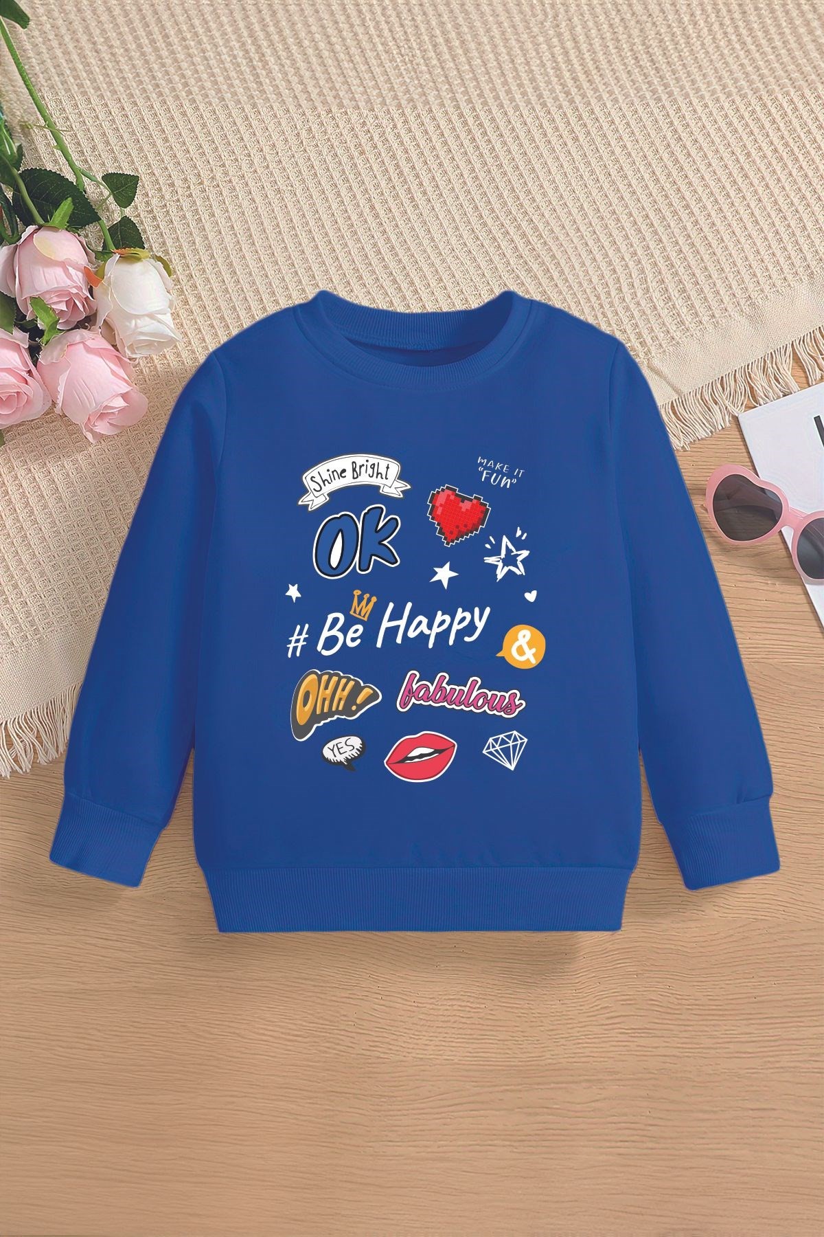 Yeni Sezon Emoji Be Happy Baskılı Oversize Kapüşonlu Çocuk Sweatshirt 14649