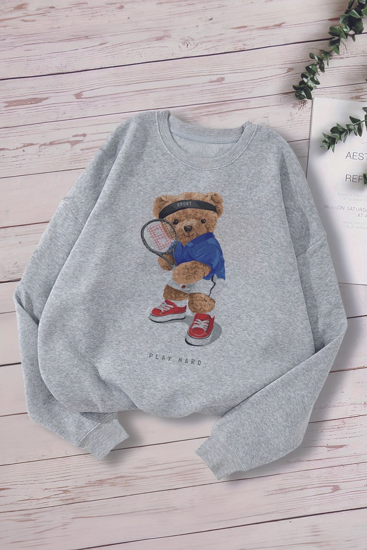 Yeni Sezon Tenis Oyuncusu Ayıcık Baskılı Oversize Kapüşonlu Çocuk Sweatshirt 14611