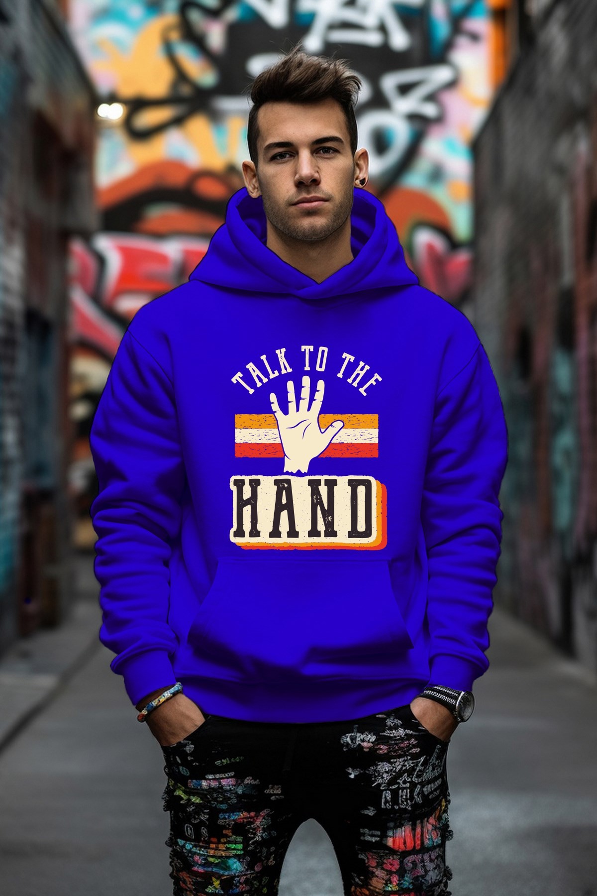 Özel Tasarım Talk To The Hand Baskılı Rahat Kesim Oversize Sweatshirt