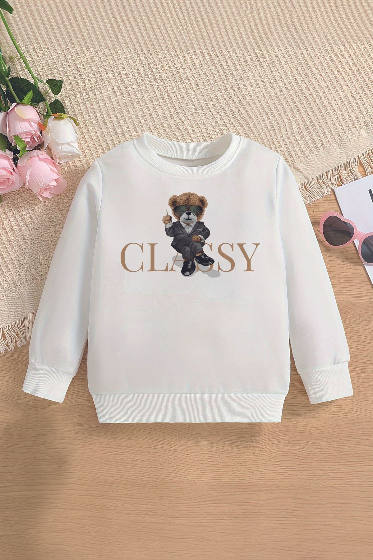 Yeni Sezon Classy Yazılı Business Bear Baskılı Oversize Kapüşonlu Çocuk Sweatshirt 14620