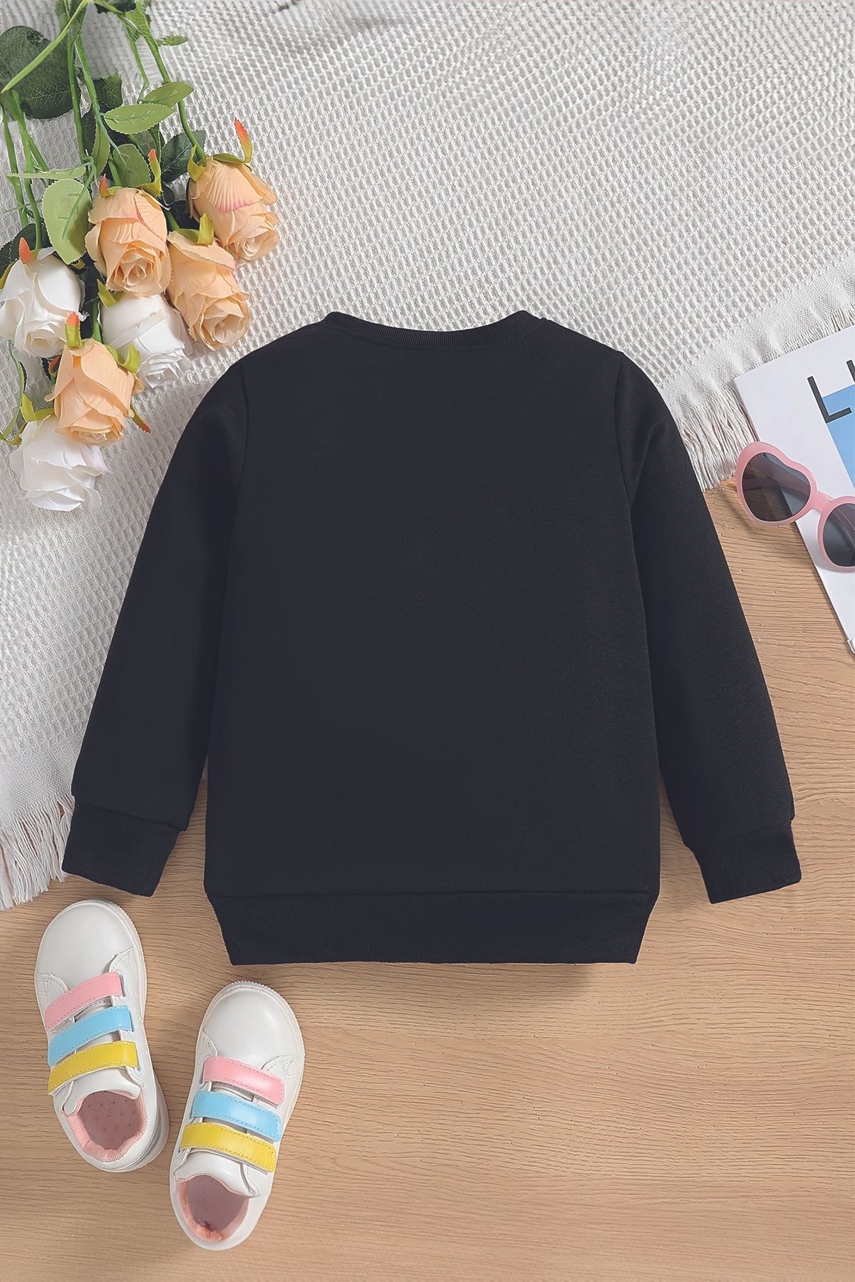 Yeni Sezon Curious Yazılı Kedicik Baskılı Oversize Kapüşonlu Çocuk Sweatshirt 14609