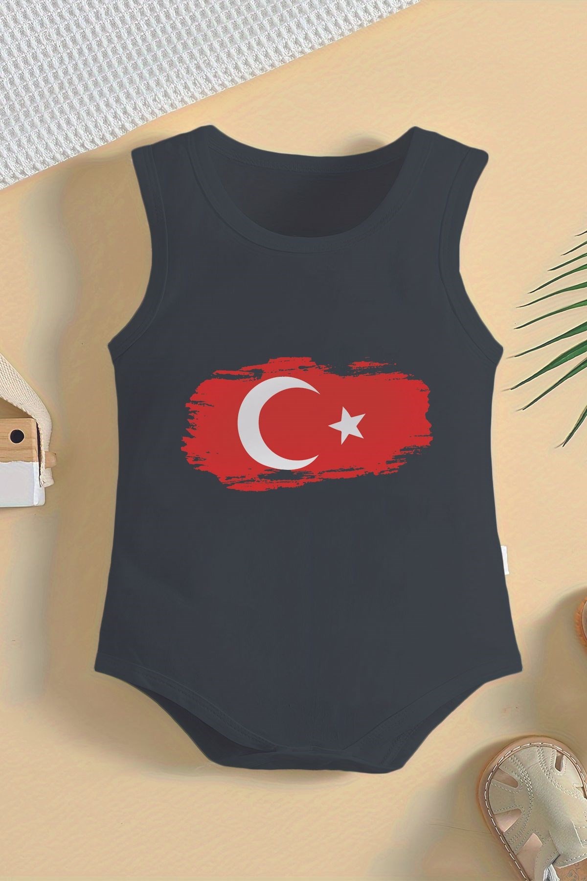 %100 Pamuk Türk Bayrağı  Baskılı Çıtçıtlı Bebek Body 10080