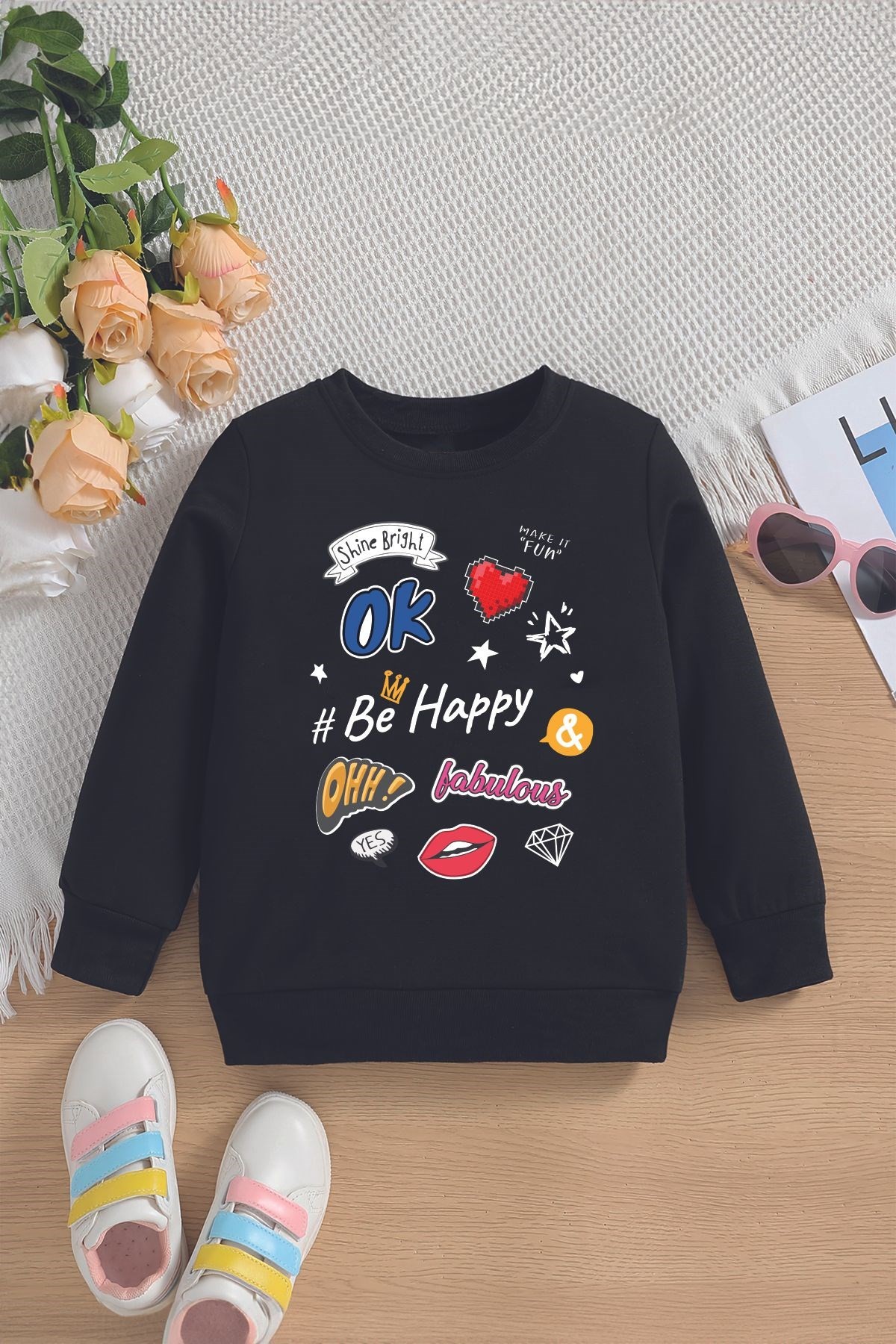 Yeni Sezon Emoji Be Happy Baskılı Oversize Kapüşonlu Çocuk Sweatshirt 14649