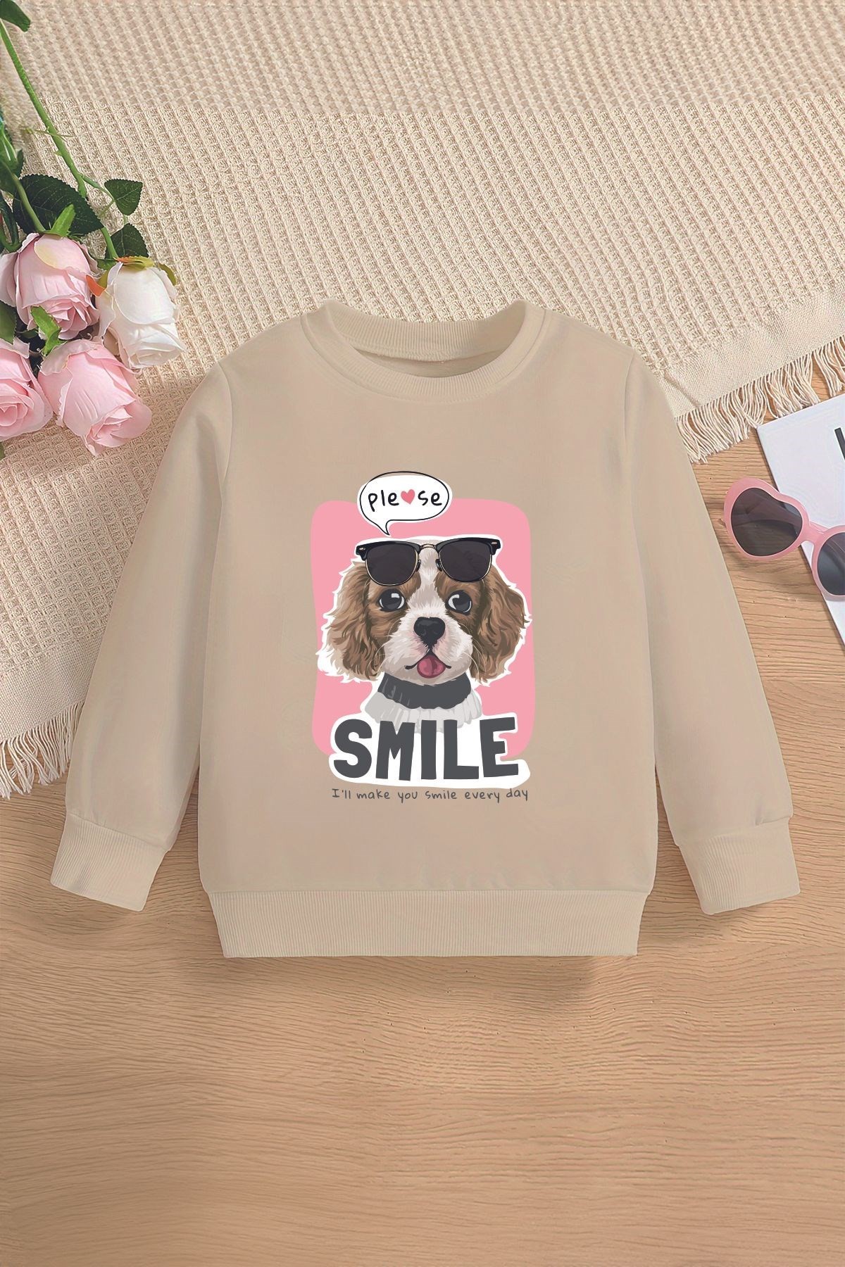 Premium Smile Dog Baskılı Oversize Kız Çocuk Sweatshirt 12701