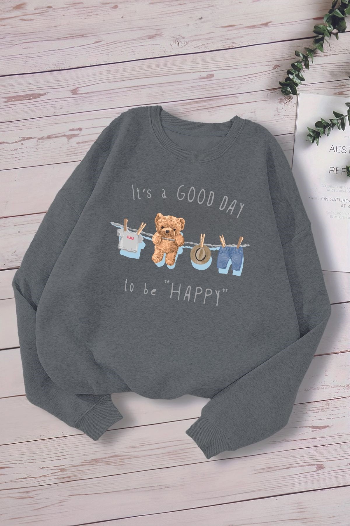 Yeni Sezon İt's a Good Day to be Happy Yazılı Oversize Kapüşonlu Çocuk Sweatshirt 13586