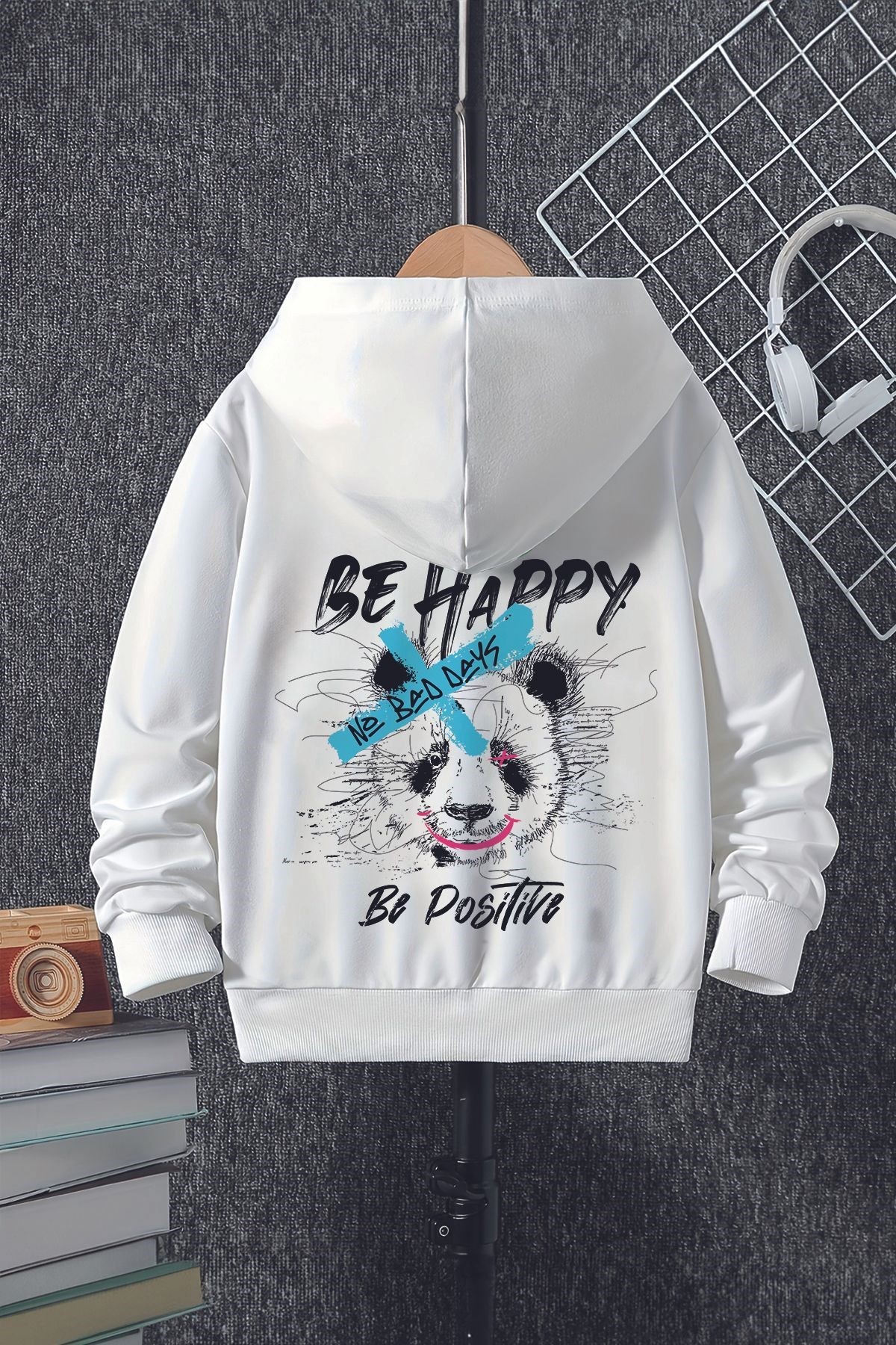 Trend Premium Be Happy Yazılı Panda Sırt Baskılı Oversize Kapşonlu Çocuk  Sweatshirt 22524