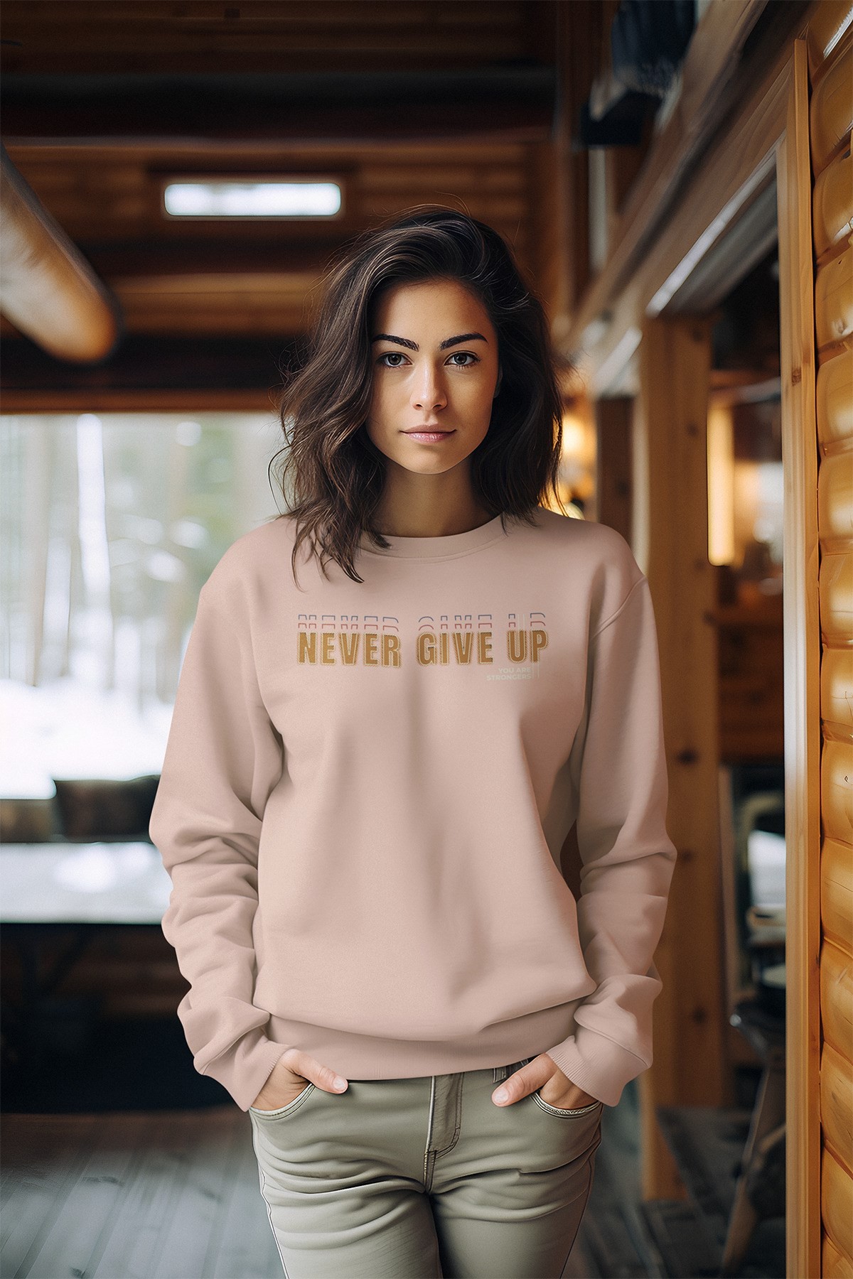 Never Give Tarz Baskılı Kadın Bisiklet Yaka Sweatshirt