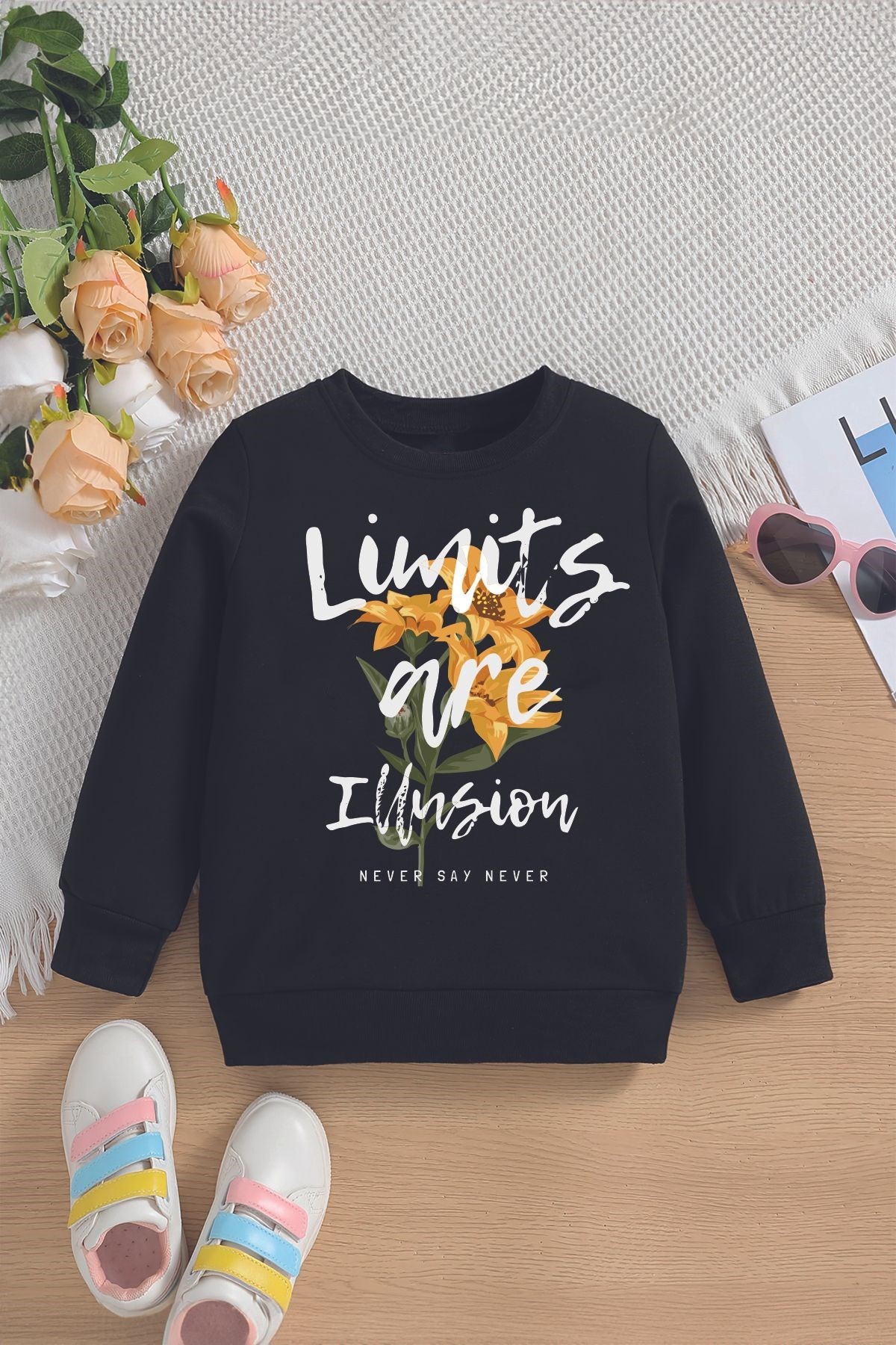 Tarz limits are illusion Yazılı Ayçiçeği Baskılı Oversize Kapüşonlu Çocuk Sweatshirt 14566