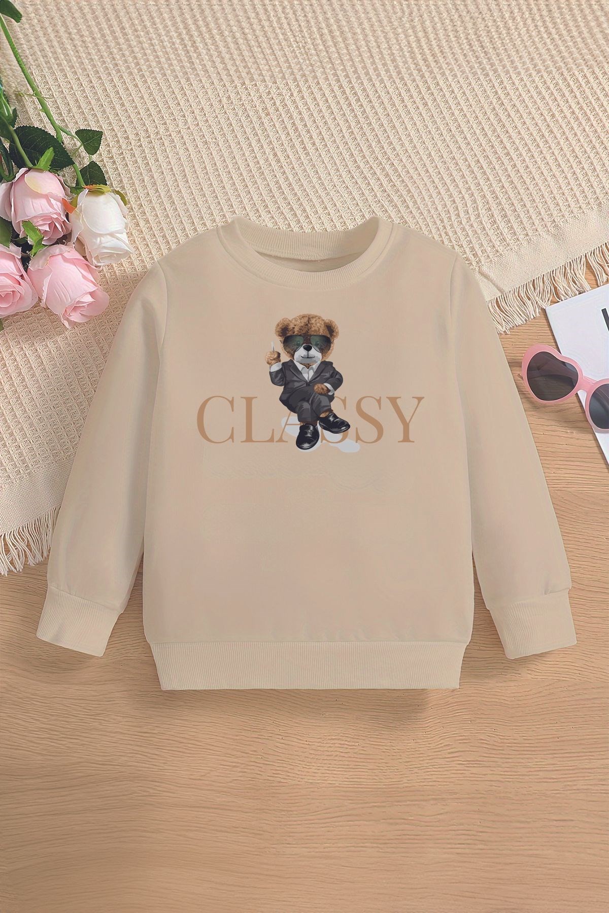 Yeni Sezon Classy Yazılı Business Bear Baskılı Oversize Kapüşonlu Çocuk Sweatshirt 14620