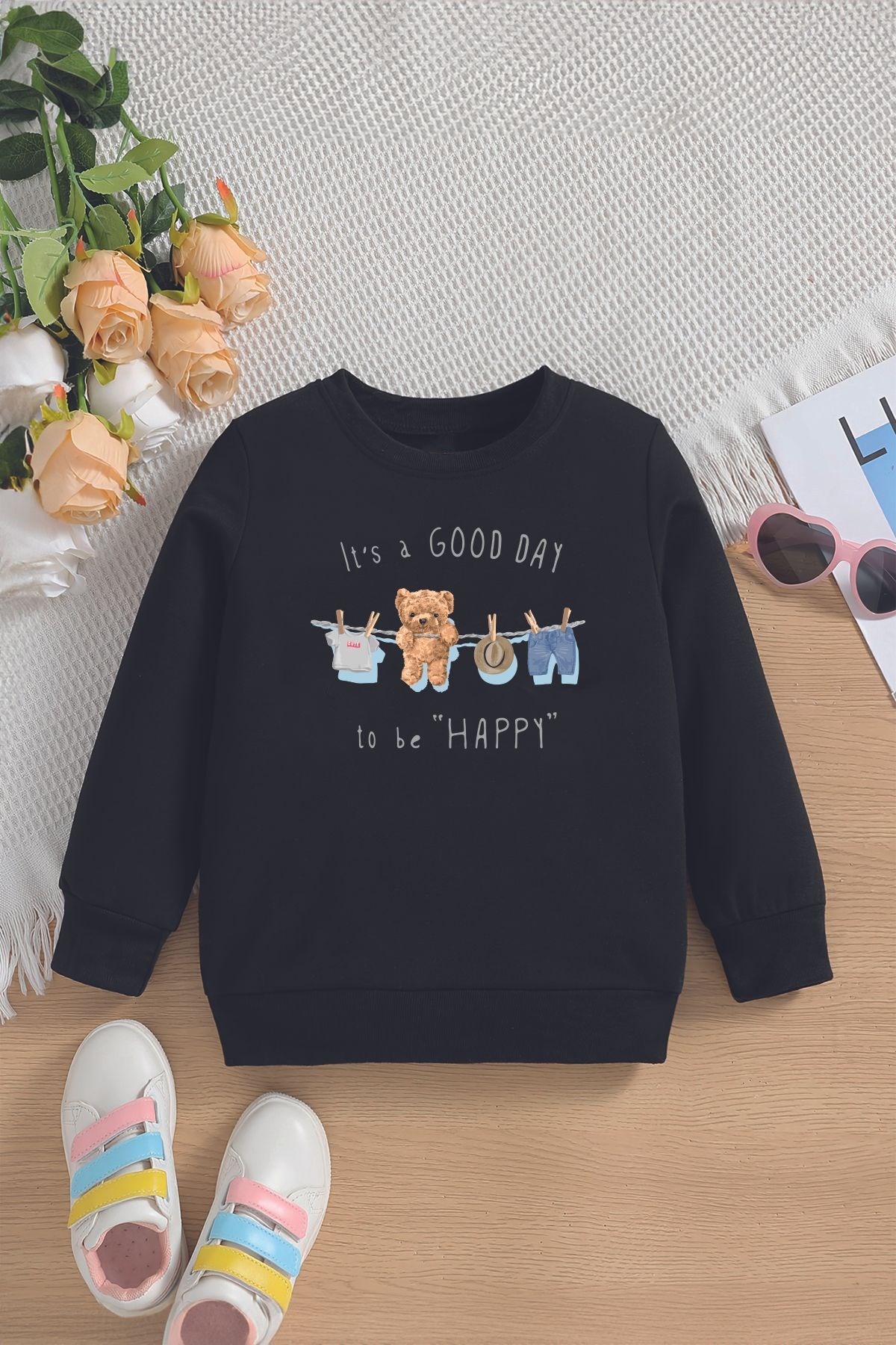 Yeni Sezon İt's a Good Day to be Happy Yazılı Oversize Kapüşonlu Çocuk Sweatshirt 13586