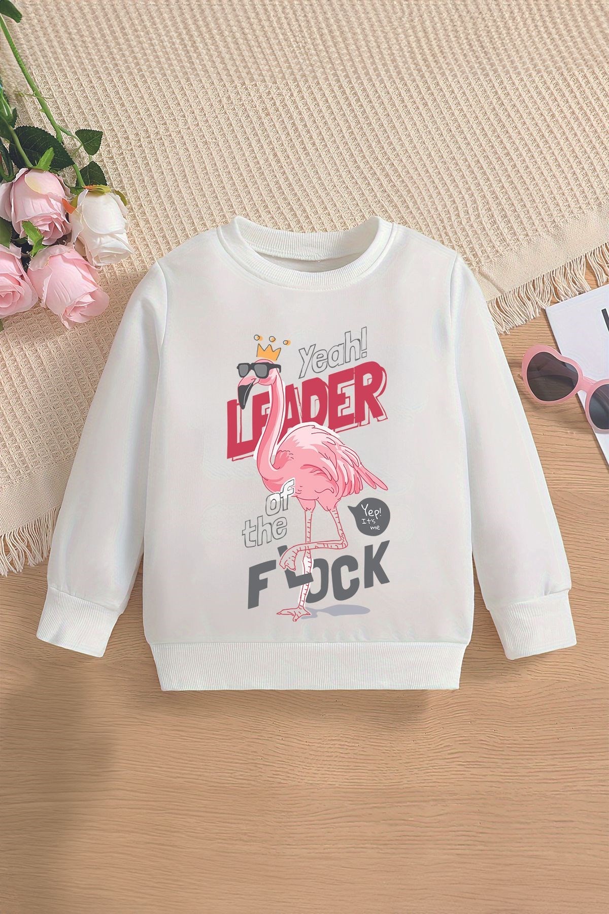 Yeni Sezon Leader Yazılı Taç Filamingo Baskılı Oversize Kapüşonlu Çocuk Sweatshirt 13599