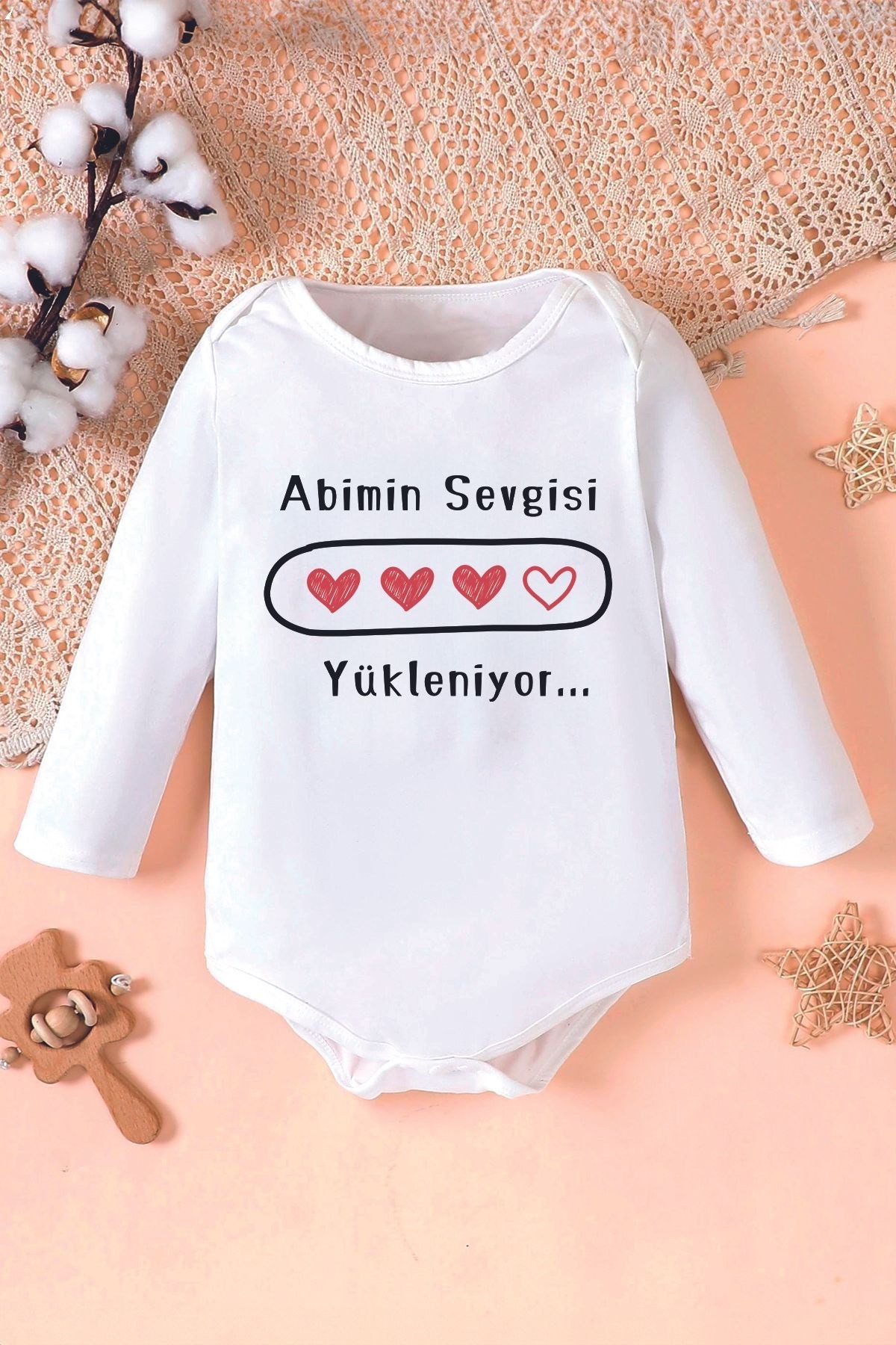 Uzun Kollu Bebek Çıtçıtlı Zıbın Abimin  Sevgisi Yükleniyor Yazılı Bebek Baskılı Çıtçıtlı Body 22592