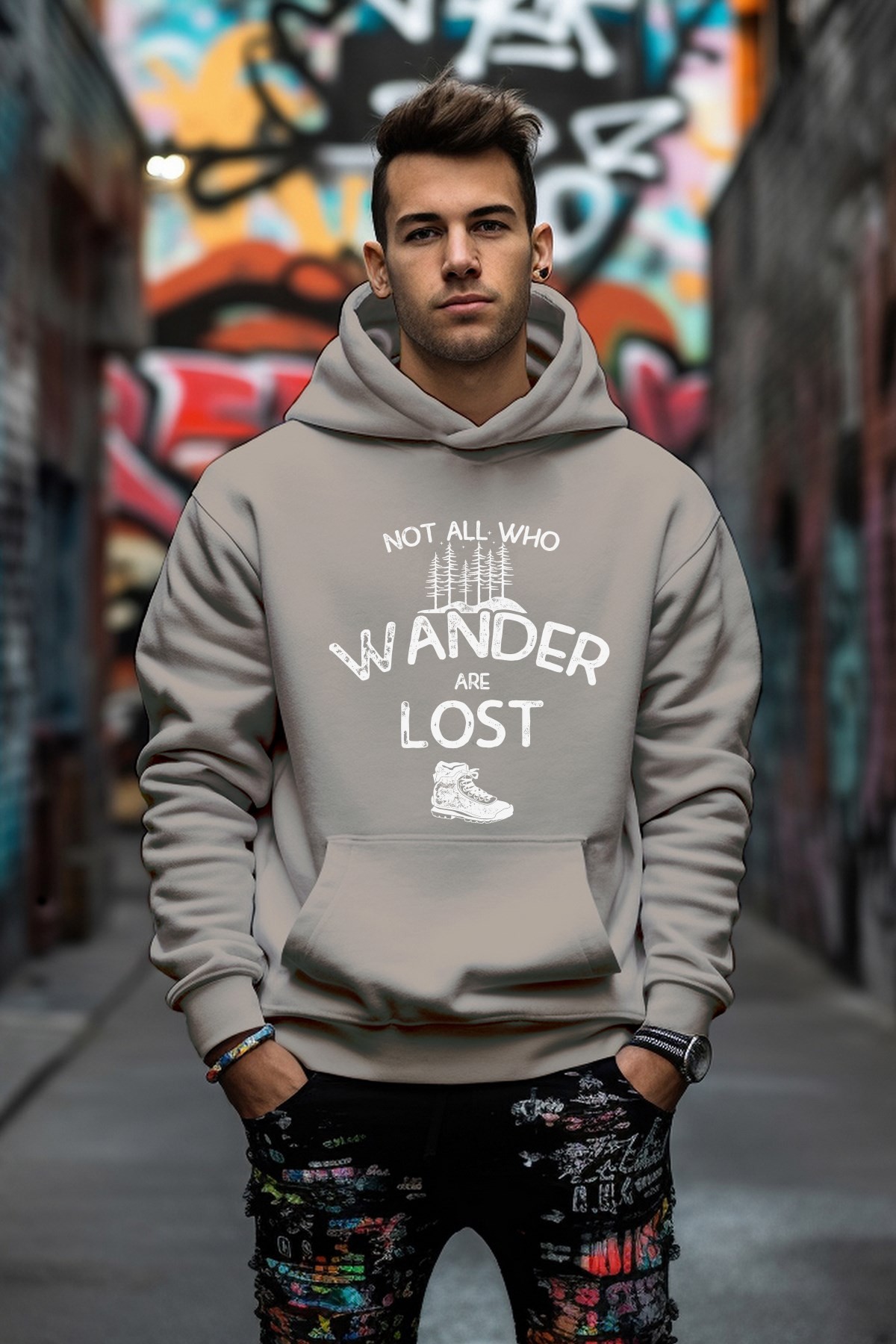 Özel Tasarım Wander Lost Baskılı Rahat Kesim Oversize Sweatshirt